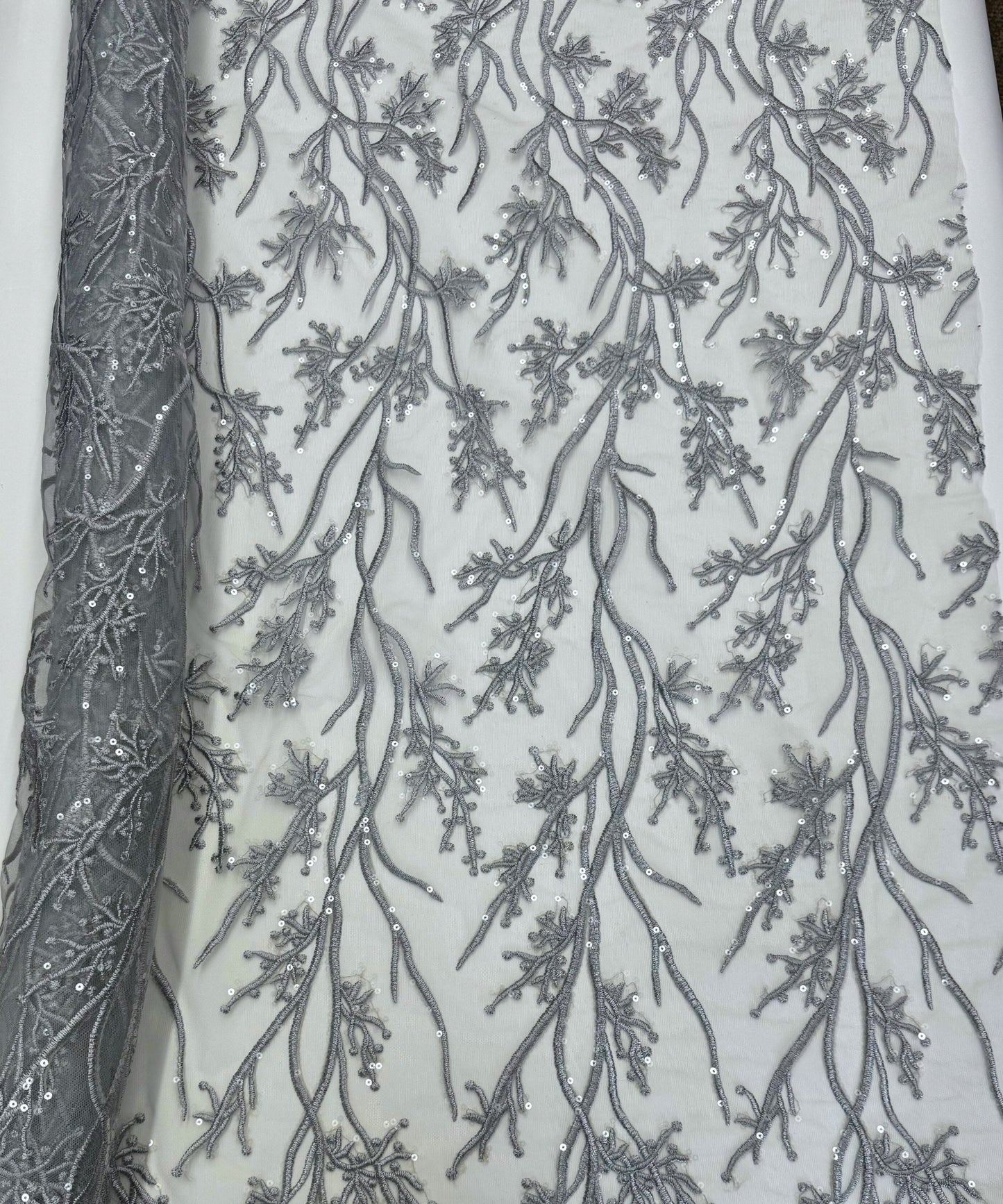 Silver Gray Sequin Lace Fabric