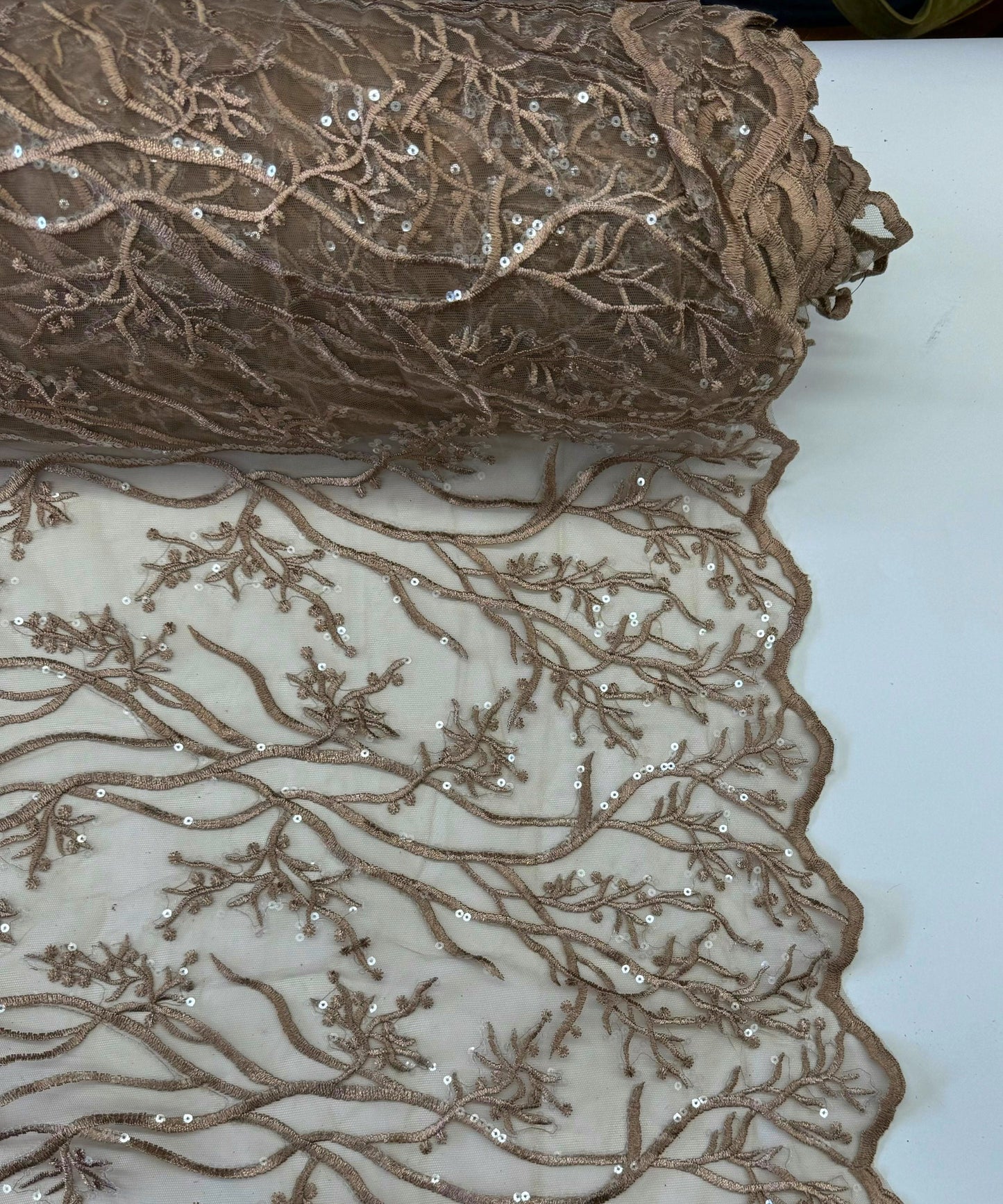 Champagne Lace Fabric, Nude Embroidery on Lace, Champagne Embroidered Lace Fabric by the Yard, Bridal Lace for Bridal Veil Bridal Sleeves