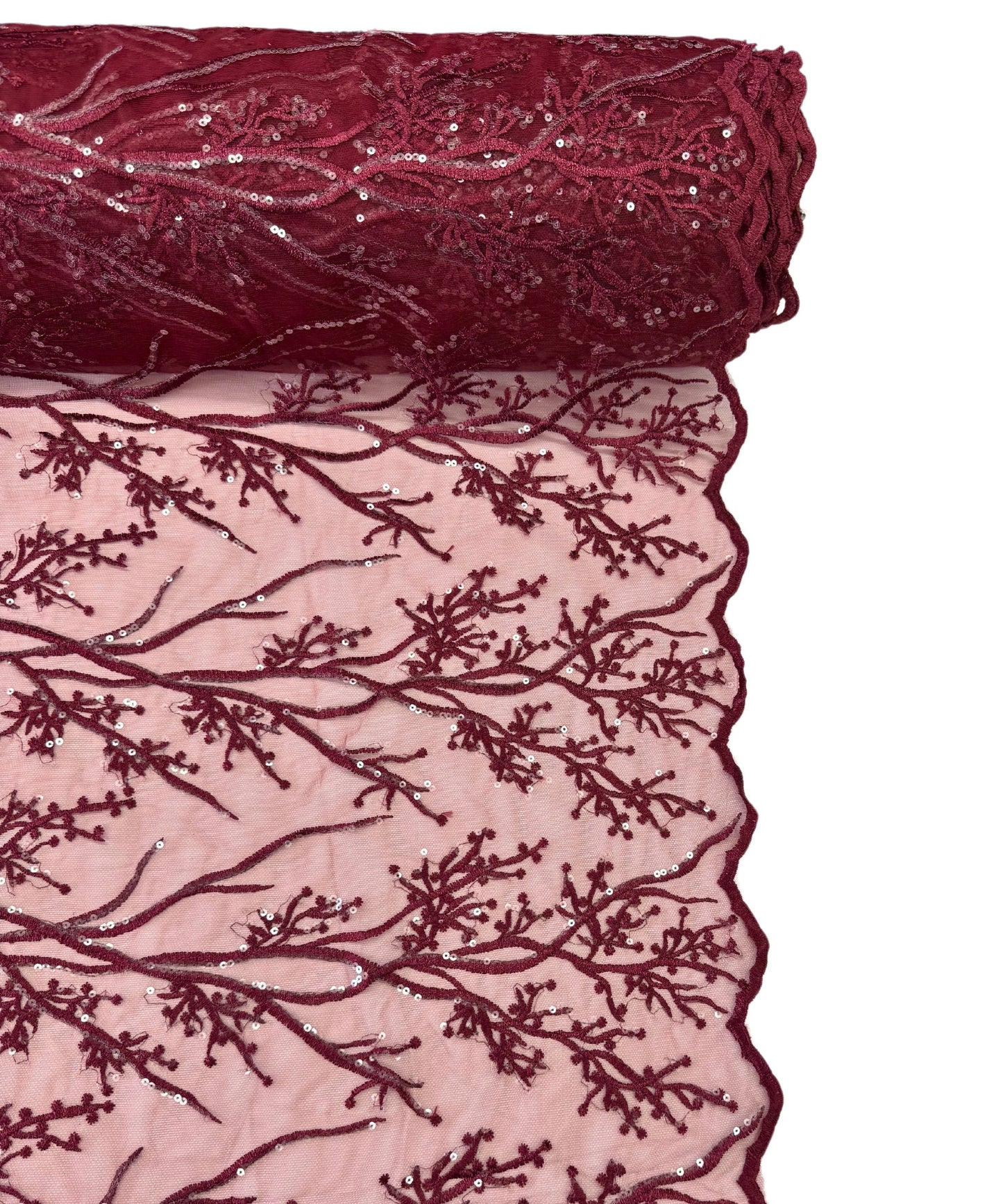 Burgundy Lace Fabric, Burgundy Embroidered Lace Fabric with Sequins, Floral Embroidery on Mesh Lace Fabric by the Yard, Burgundy Floral Lace