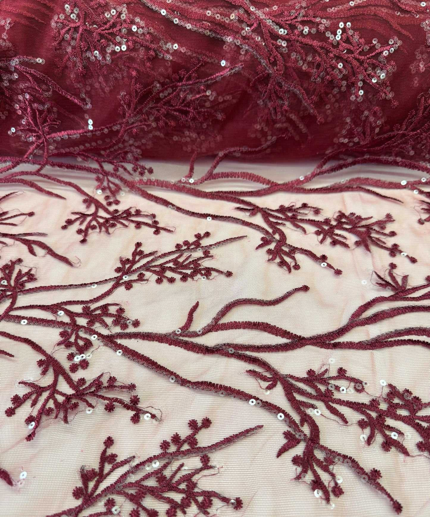 Burgundy Lace Fabric, Burgundy Embroidered Lace Fabric with Sequins, Floral Embroidery on Mesh Lace Fabric by the Yard, Burgundy Floral Lace