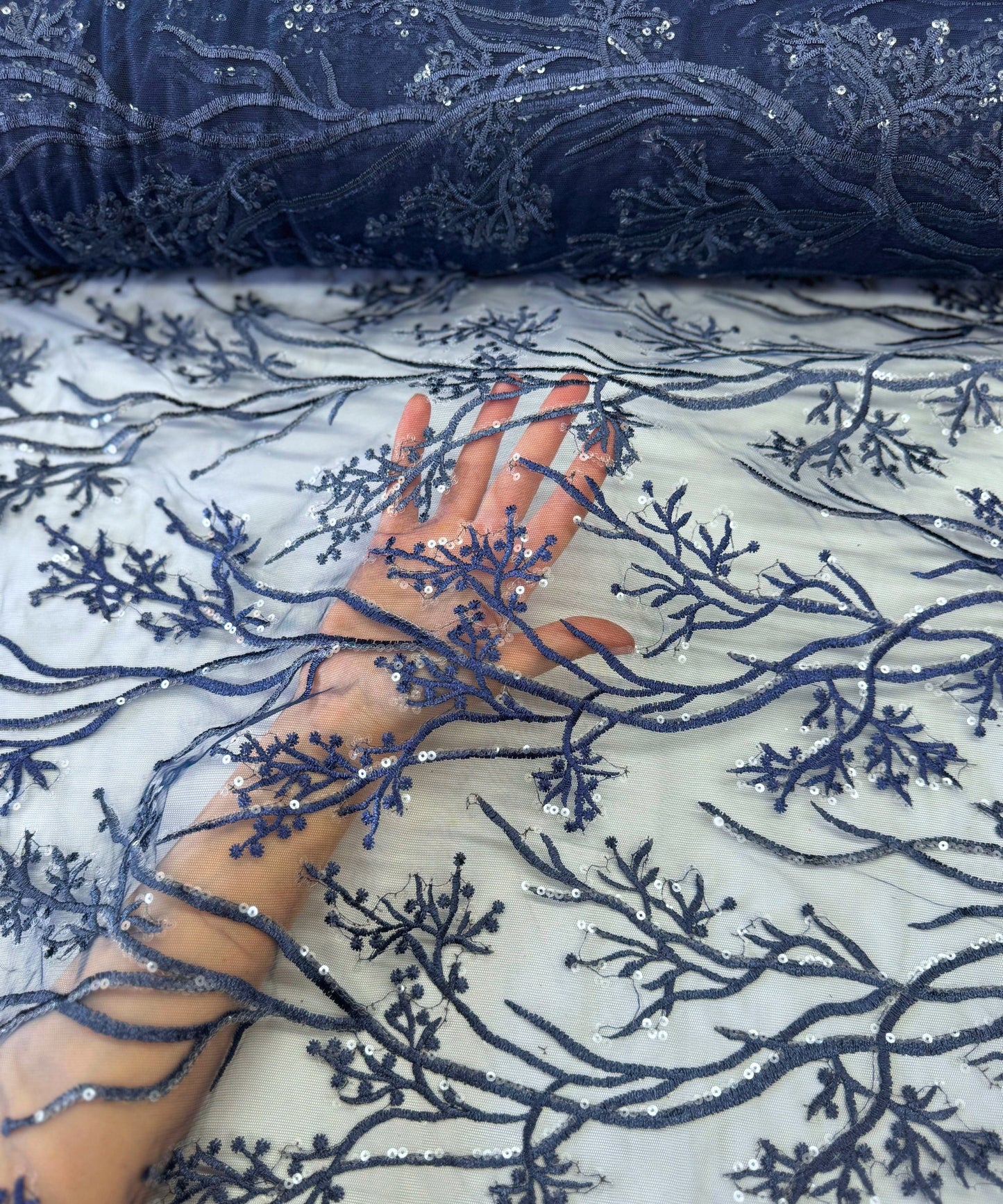 Navy Sequin Lace Fabric