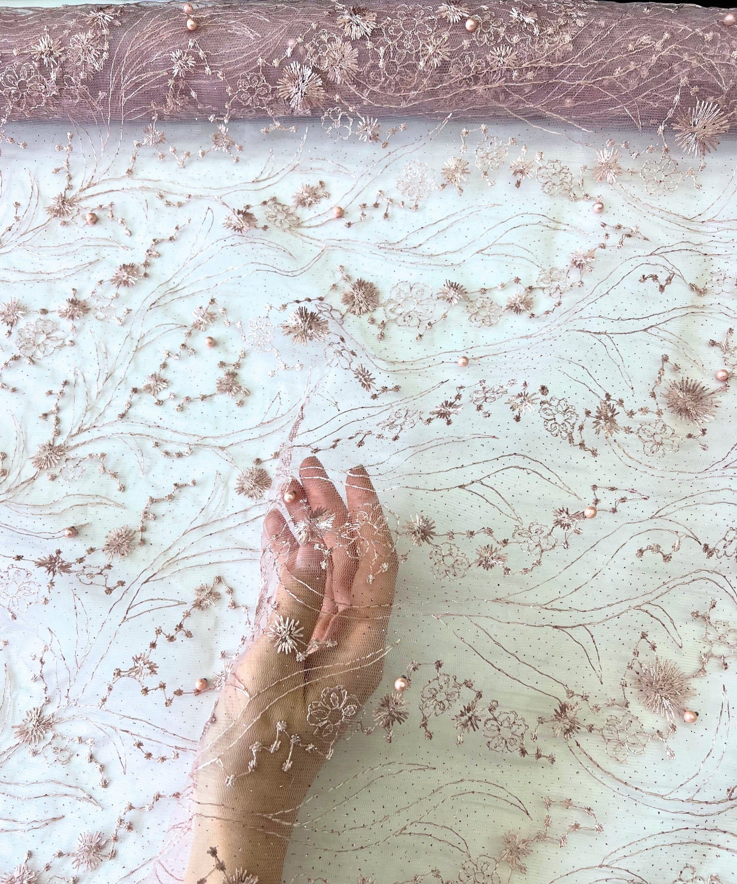 Blush Pink Embroidered Lace with Pearls