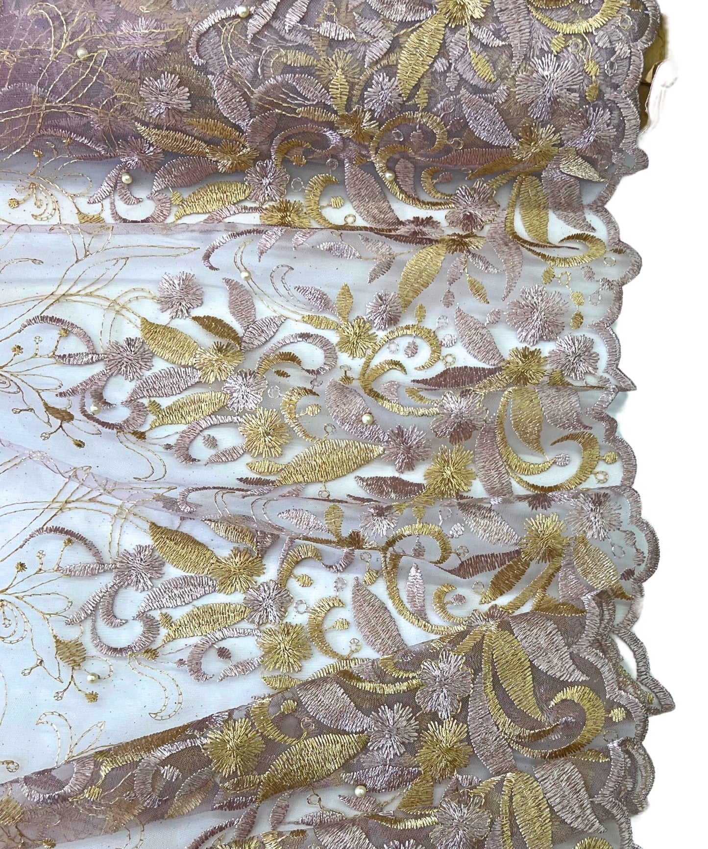 Dusty Rose Gold Embroidered Lace with Pearls