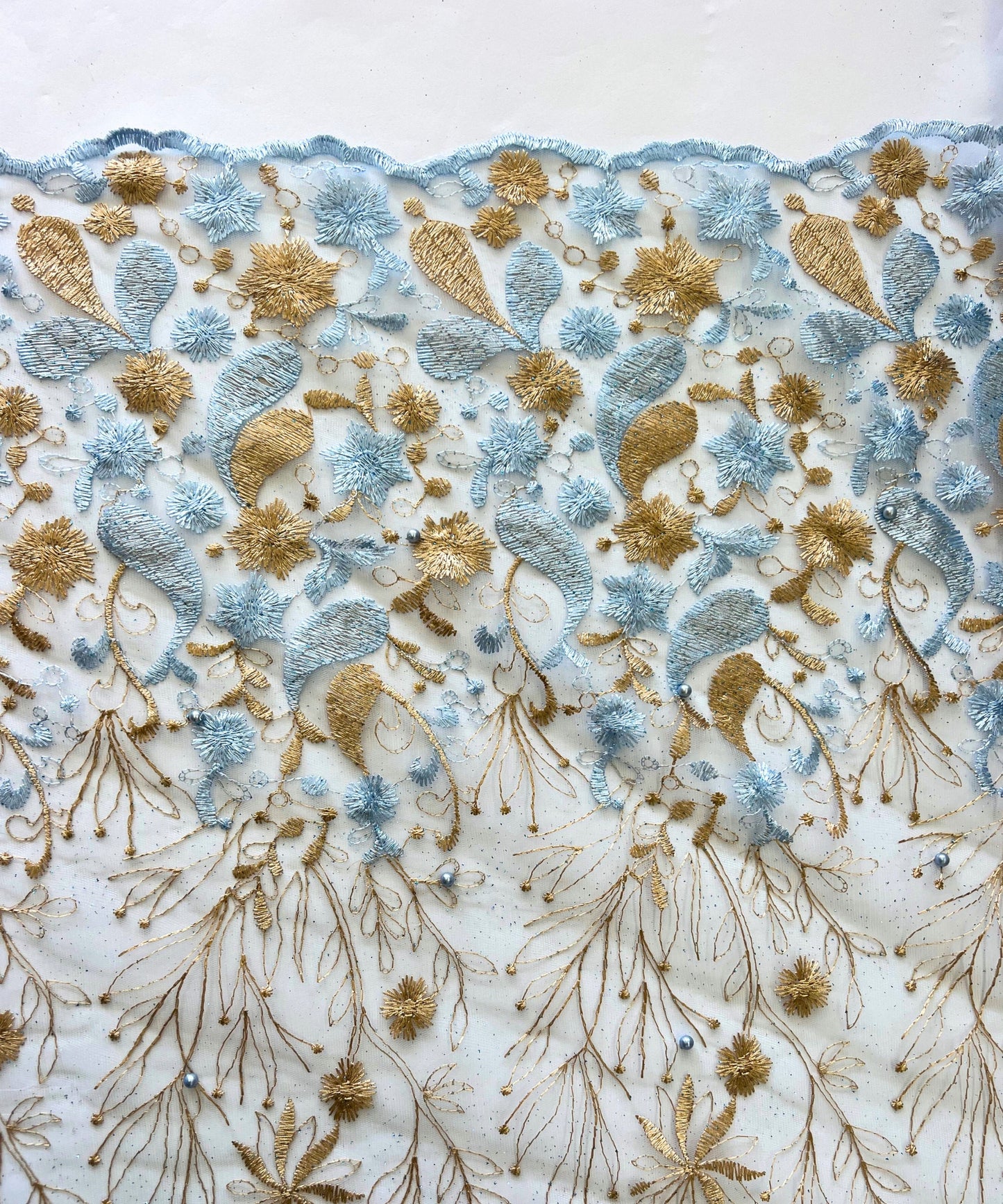 Blue/Gold Embroidered Lace with Pearls