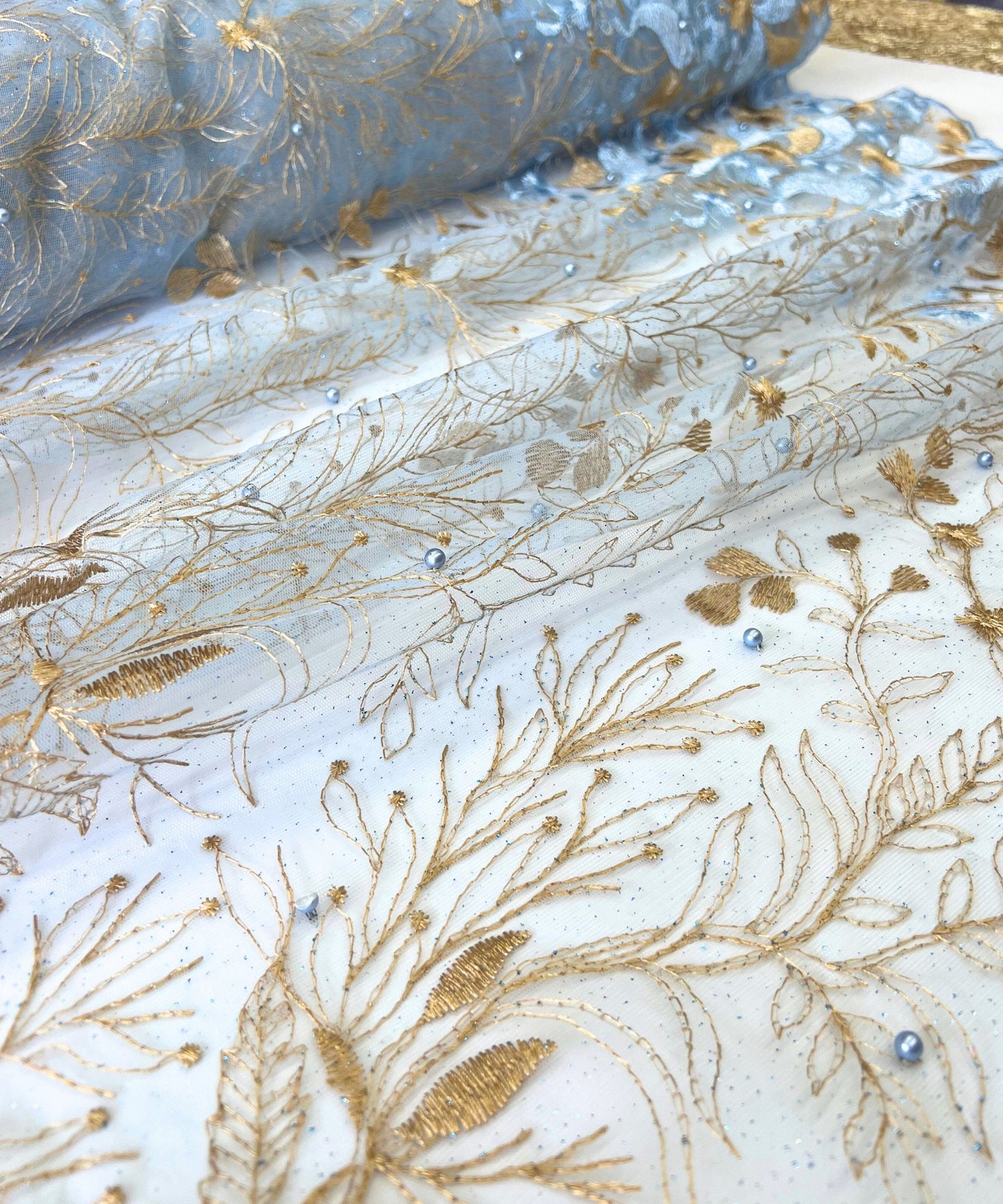 Blue/Gold Embroidered Lace with Pearls
