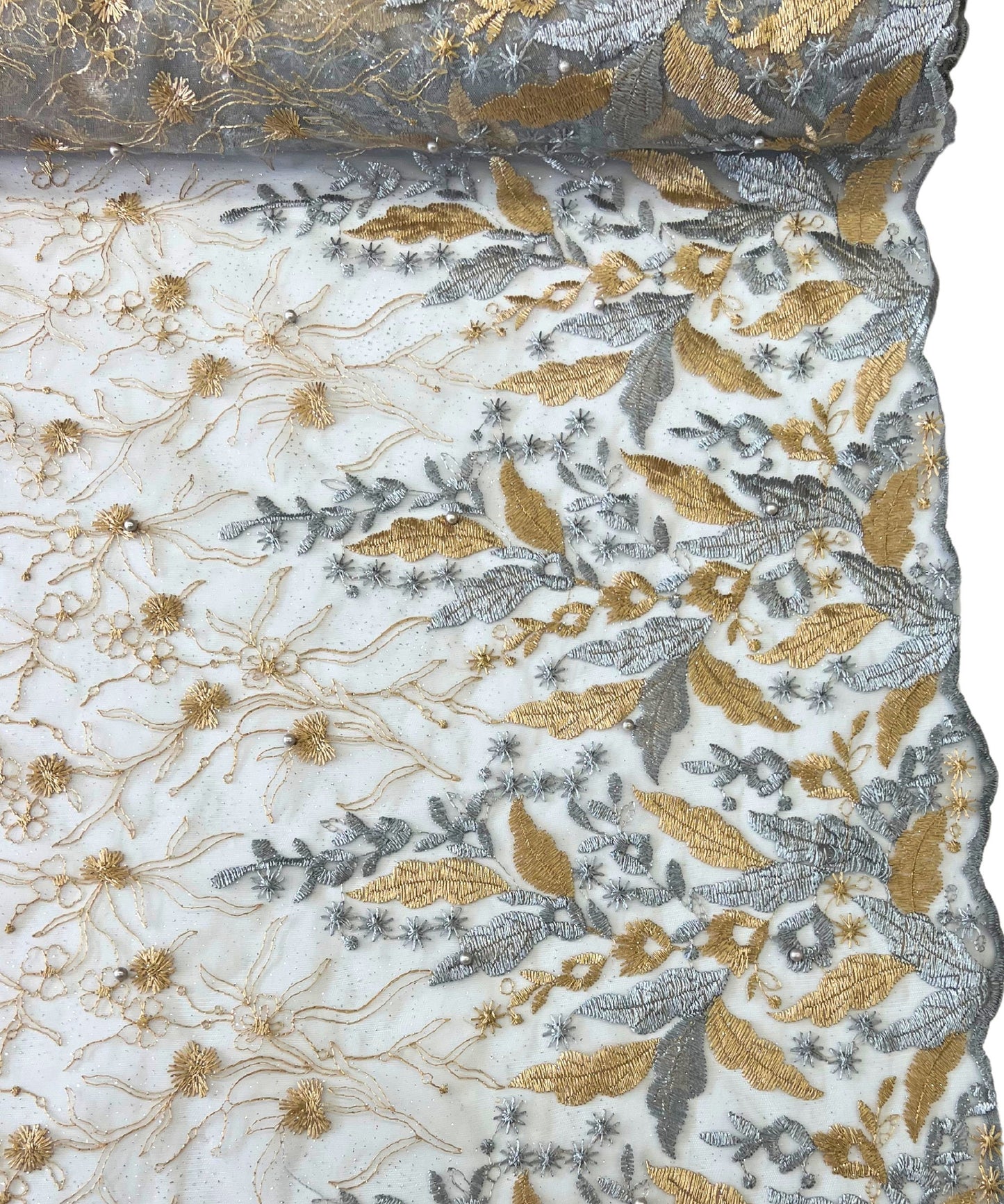 Gold Silver Embroidered Lace with Pearls