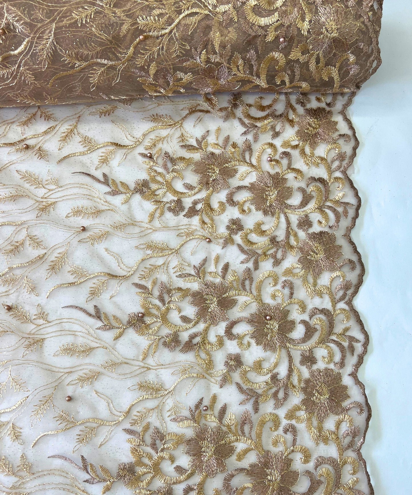 Champagne Embroidered Lace with Pearls