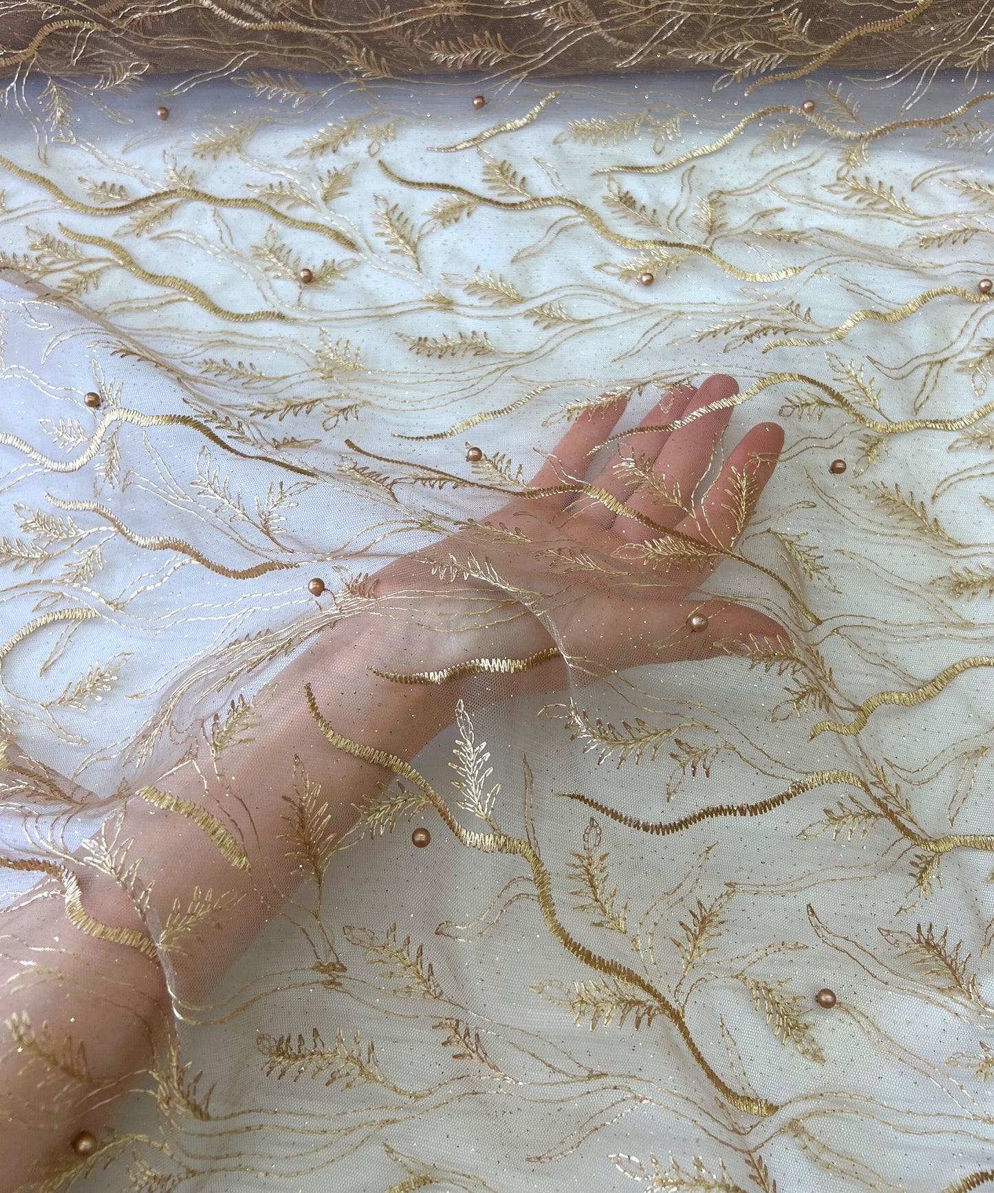 Champagne Embroidered Lace with Pearls