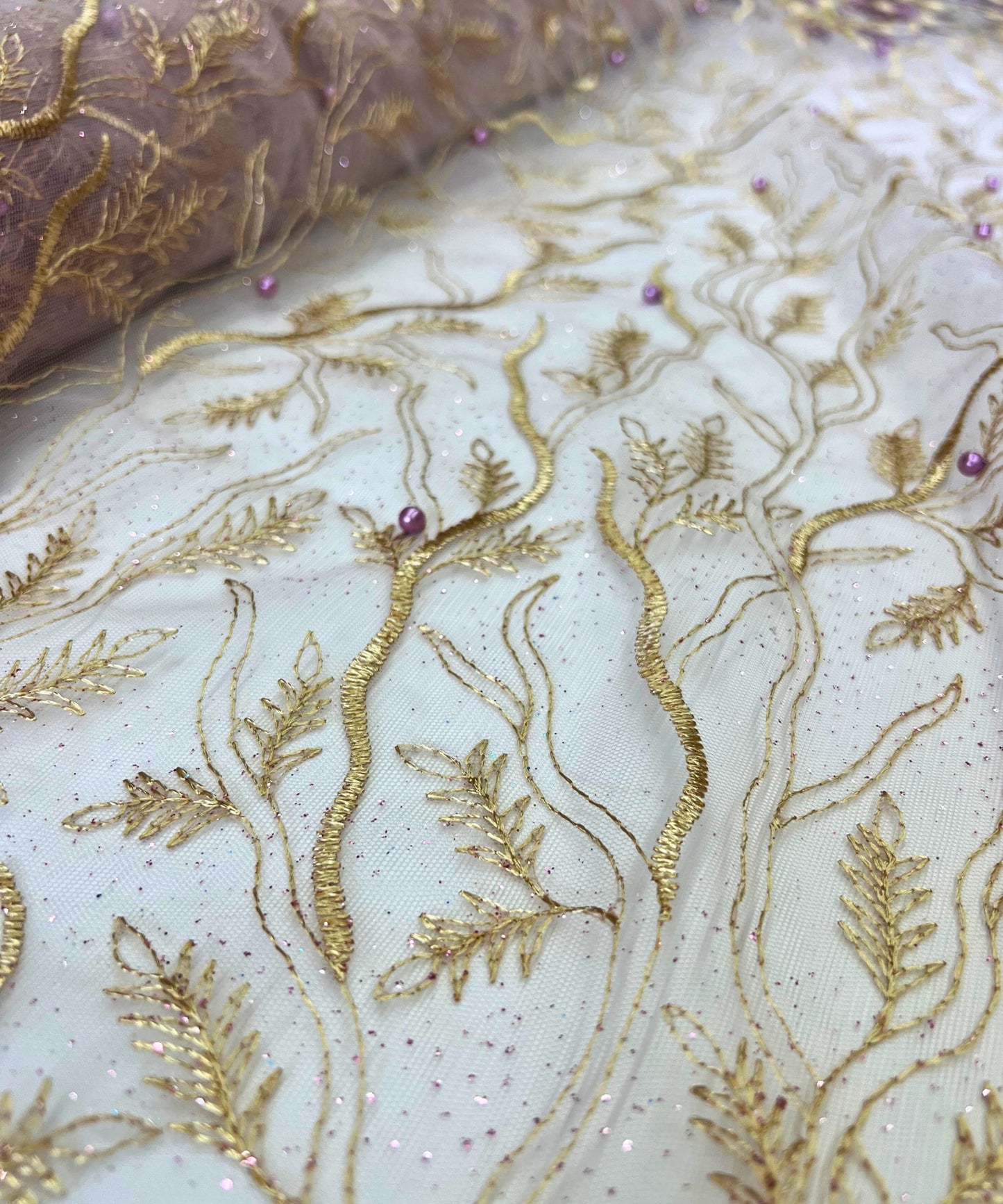 Purple Embroidered Lace with Pearls