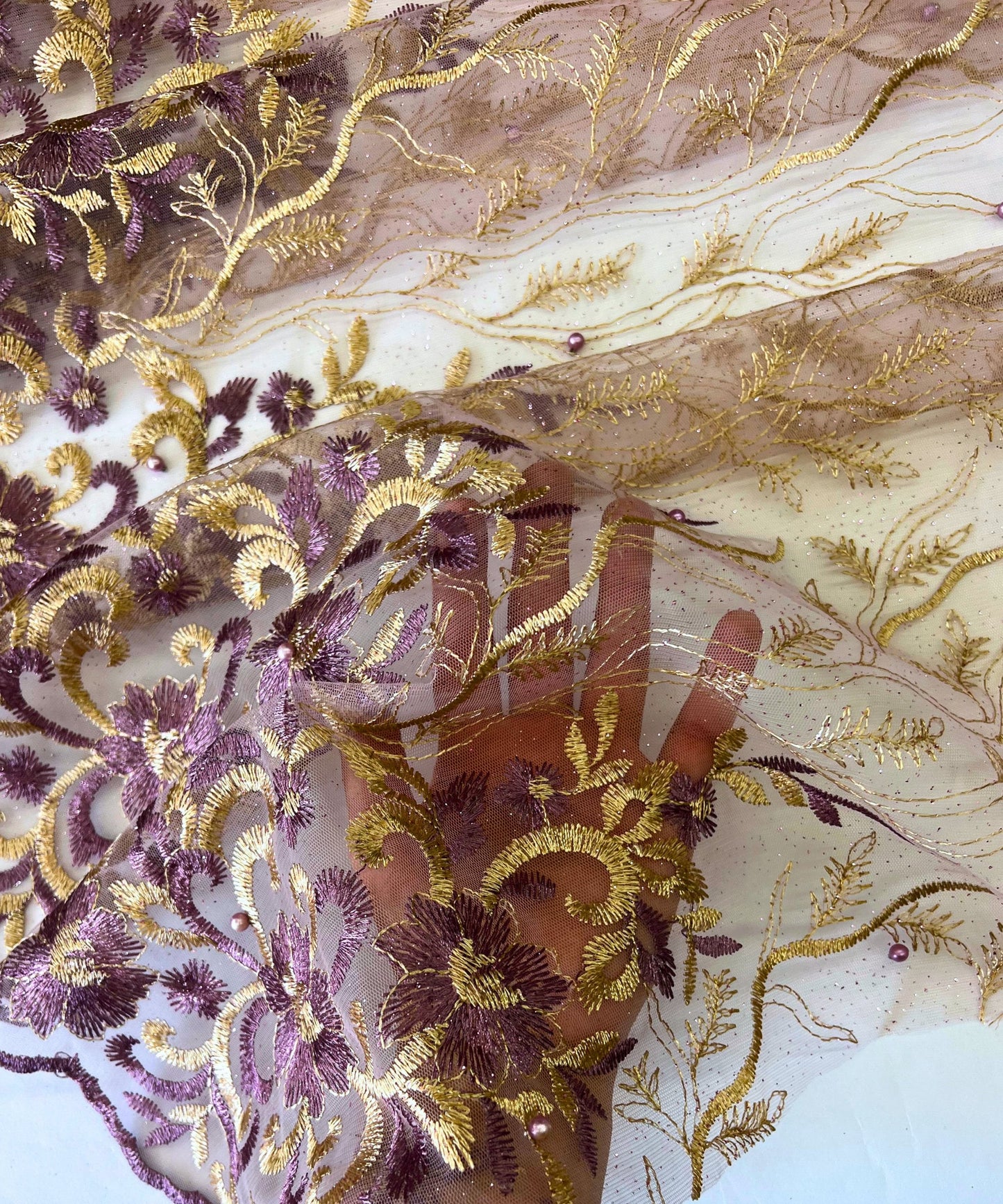 Purple Embroidered Lace with Pearls