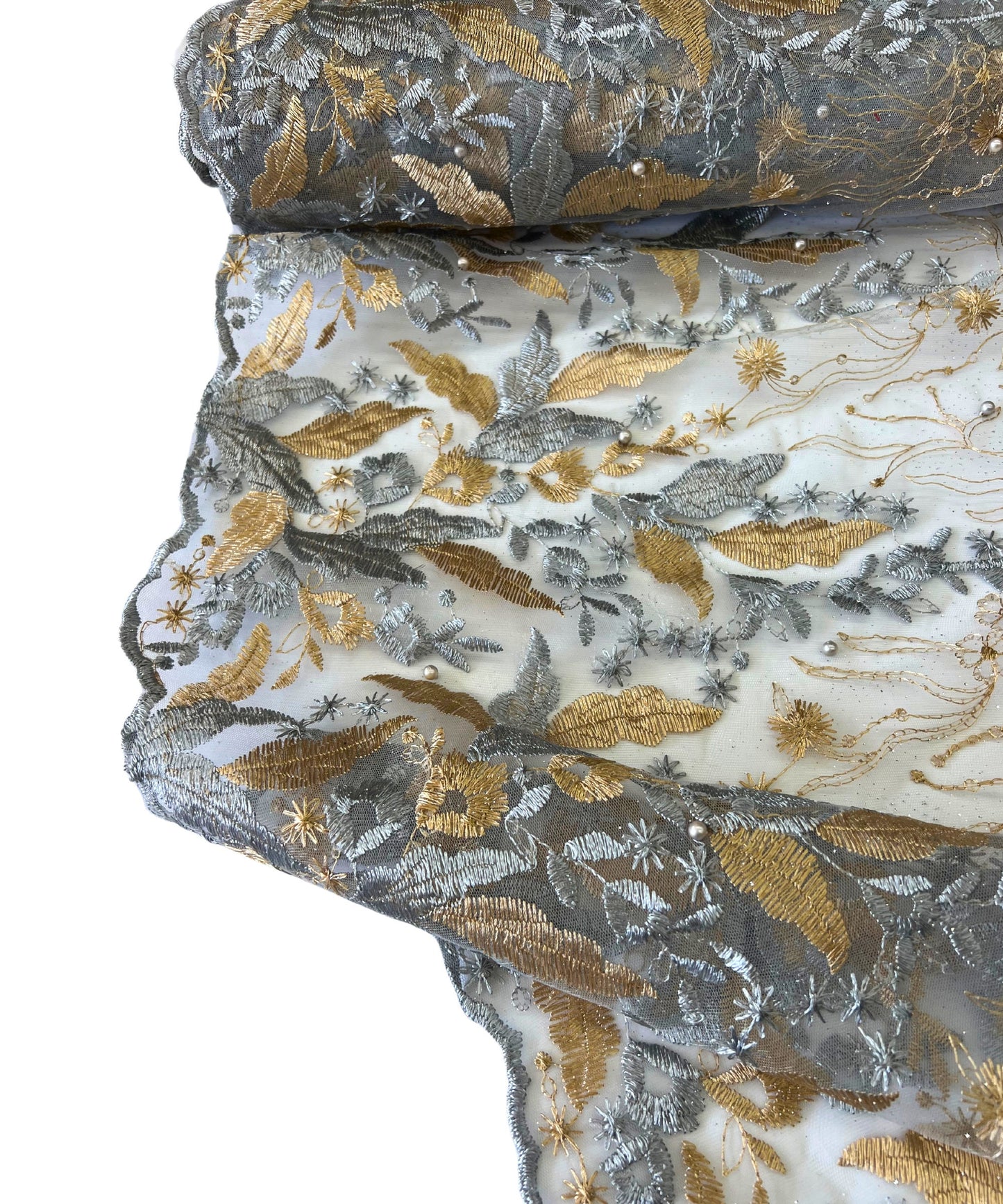 Silver Gold Embroidered Lace with Pearls