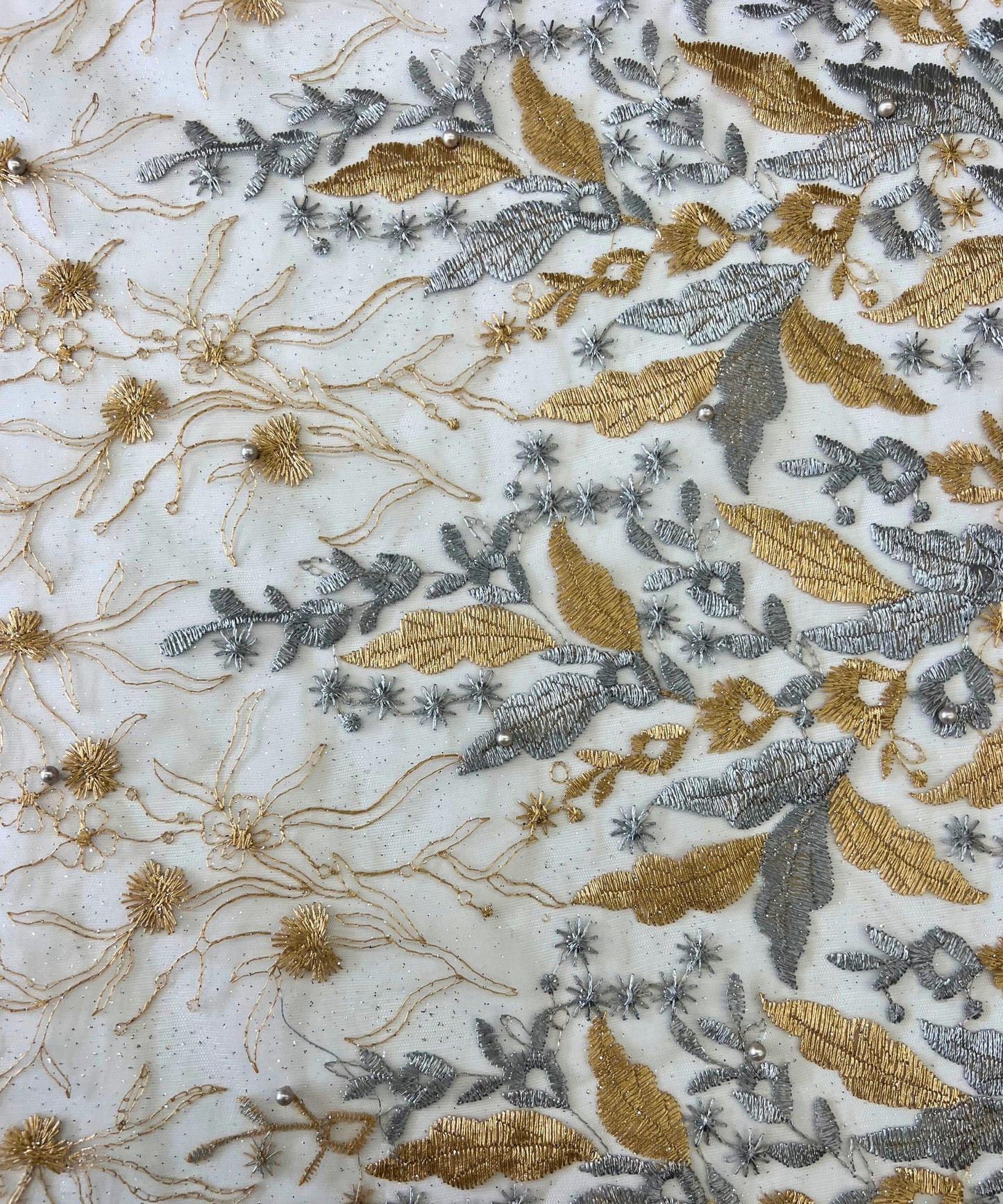 Silver Gold Embroidered Lace with Pearls