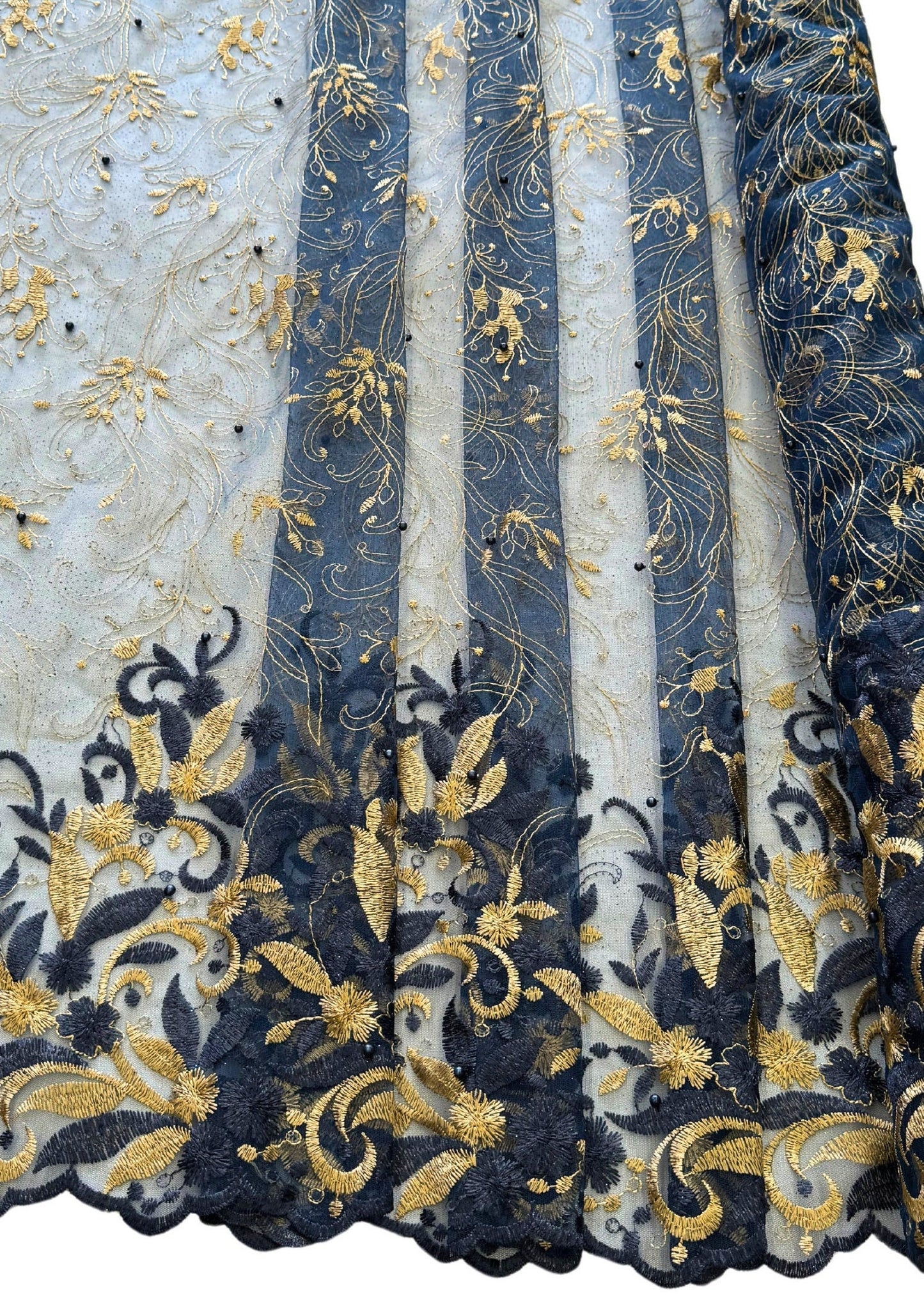 Navy Blue/Gold Embroidered Lace Fabric, Floral Embroidery on Lace Navy Blue Embroidered Lace Fabric Blue/Gold Lace by the Yard, African Lace