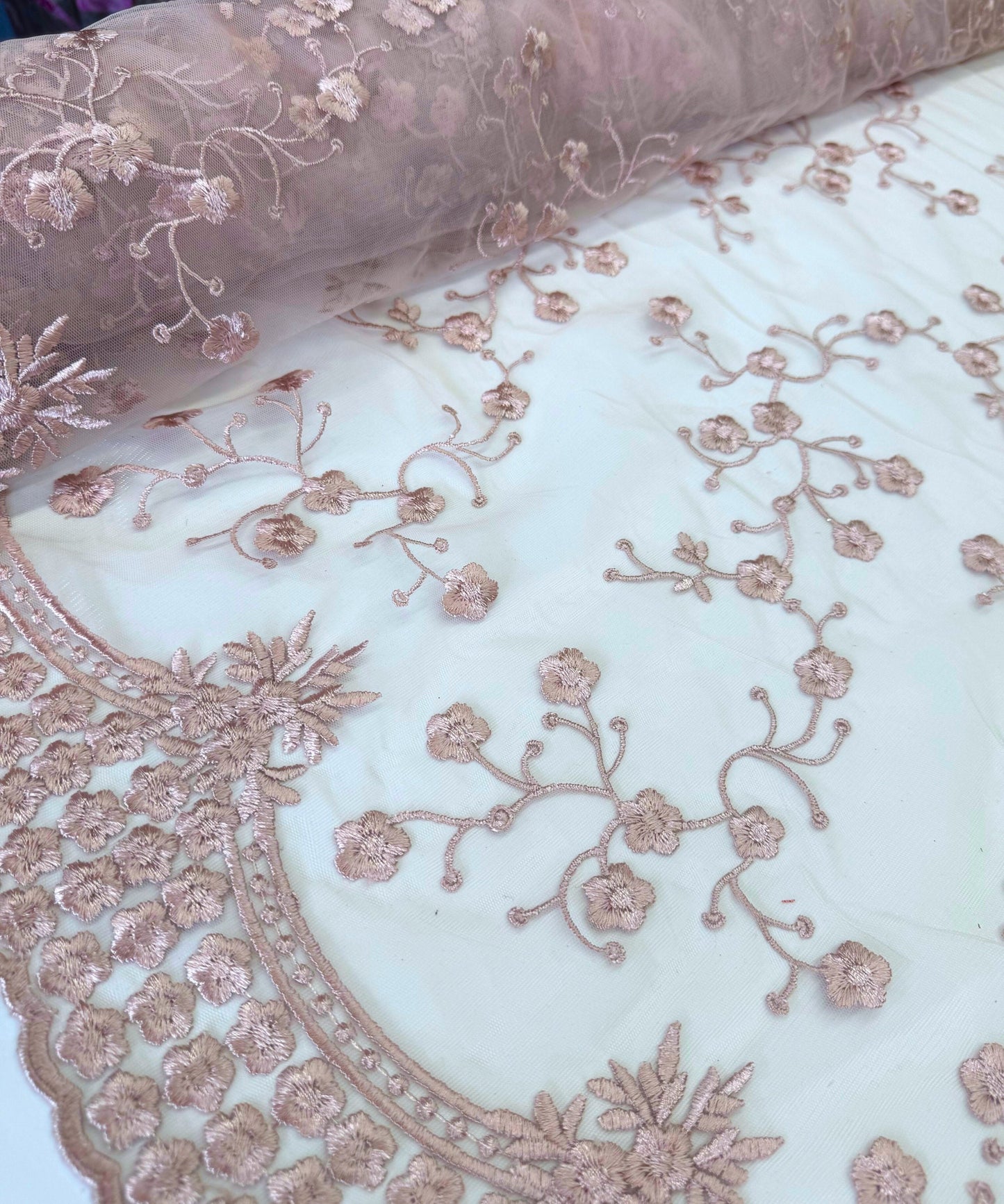 Blush Pink Scallop Lace Fabric