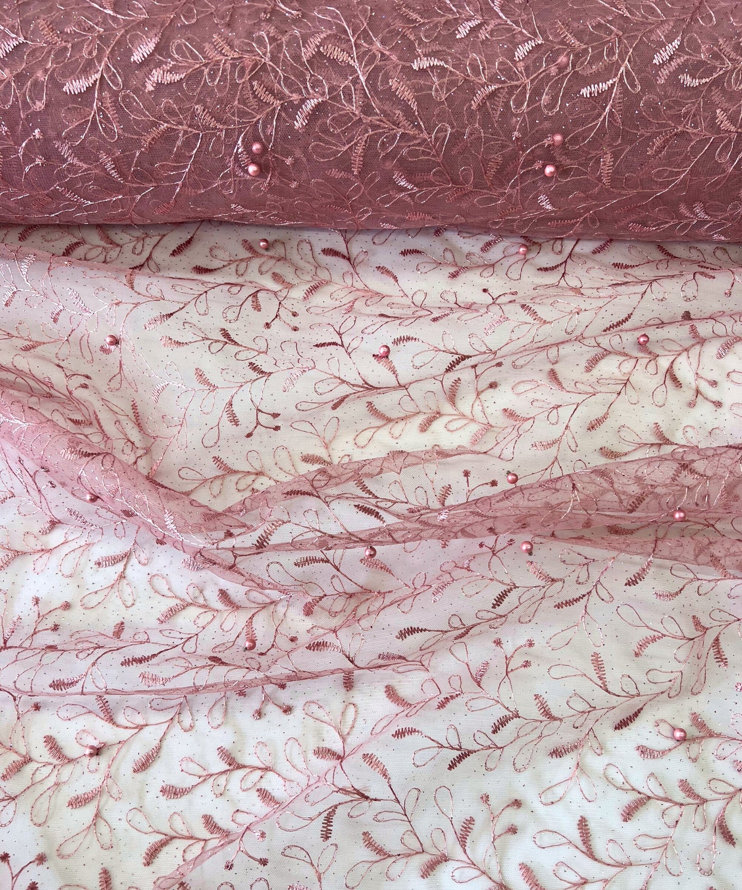 Pink Embroidered Lace with Pearls