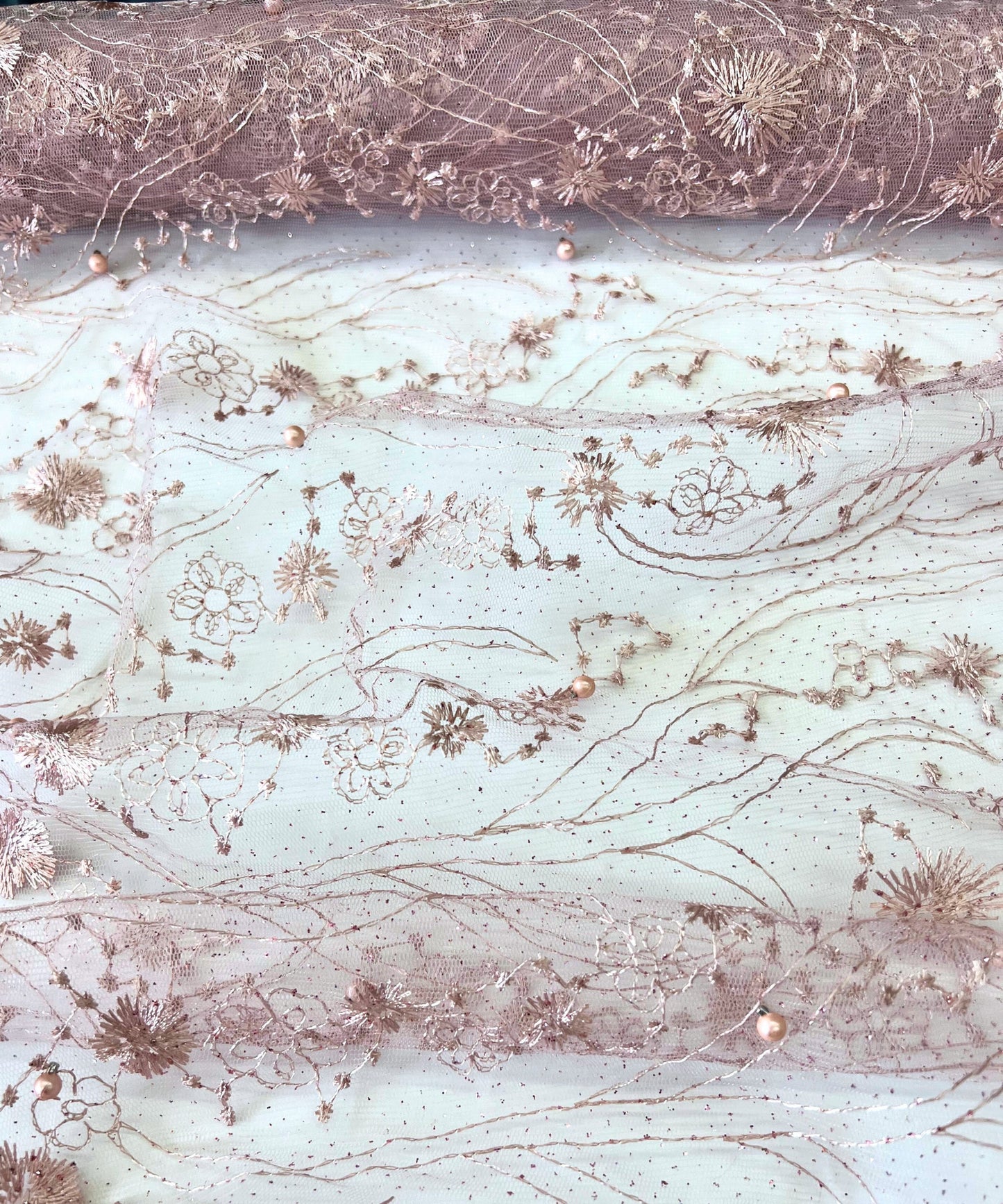 Blush Pink Embroidered Lace with Pearls