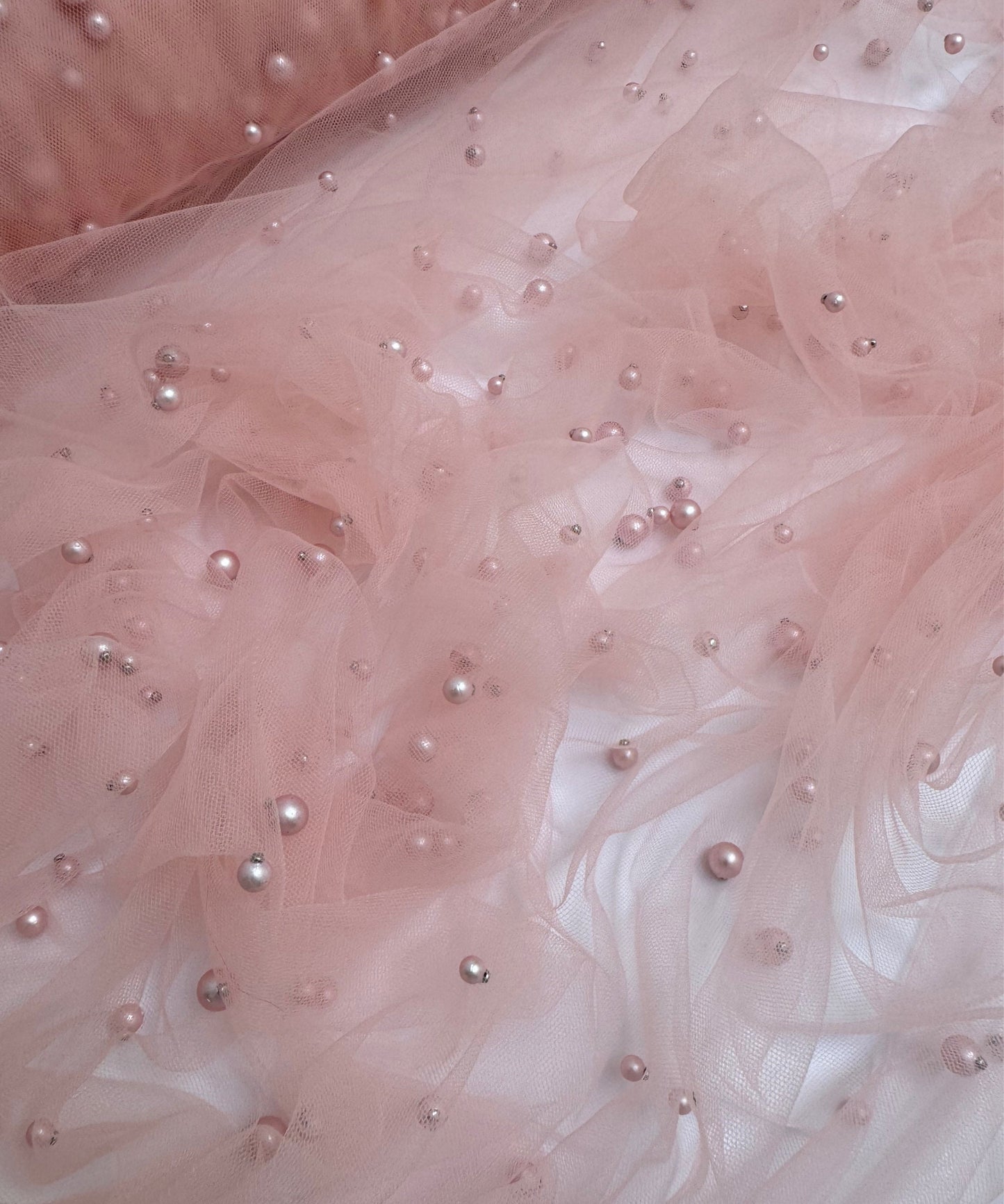 Blush Pearl Tulle Fabric, Scattered Pearls Studded Mesh, Pink Tulle Lace Fabric with Pearls, 2-Way Stretch Pearl Beaded Tulle