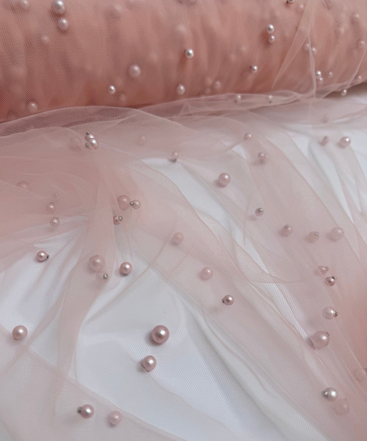 Blush Pearl Tulle Fabric, Scattered Pearls Studded Mesh, Pink Tulle Lace Fabric with Pearls, 2-Way Stretch Pearl Beaded Tulle