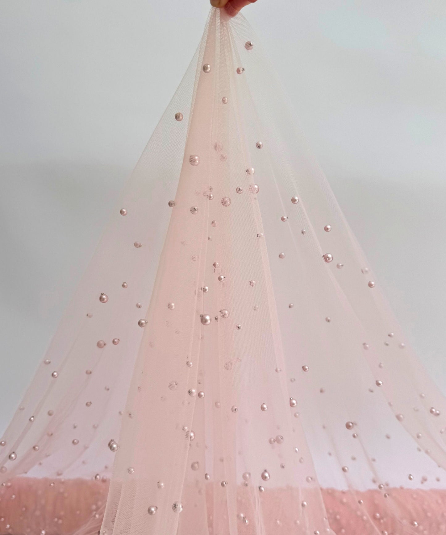Blush Pearl Tulle Fabric, Scattered Pearls Studded Mesh, Pink Tulle Lace Fabric with Pearls, 2-Way Stretch Pearl Beaded Tulle