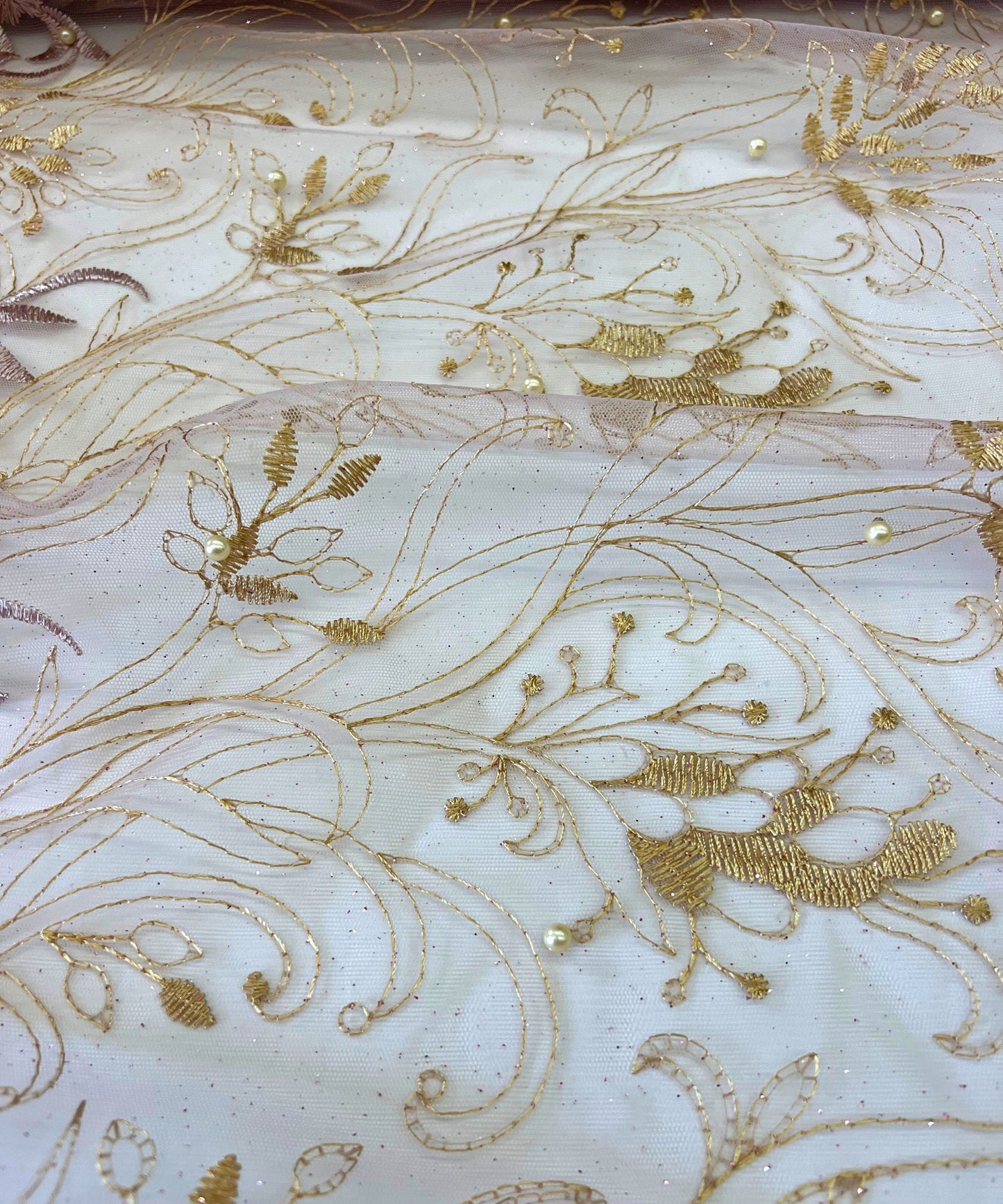 Dusty Rose Gold Embroidered Lace with Pearls