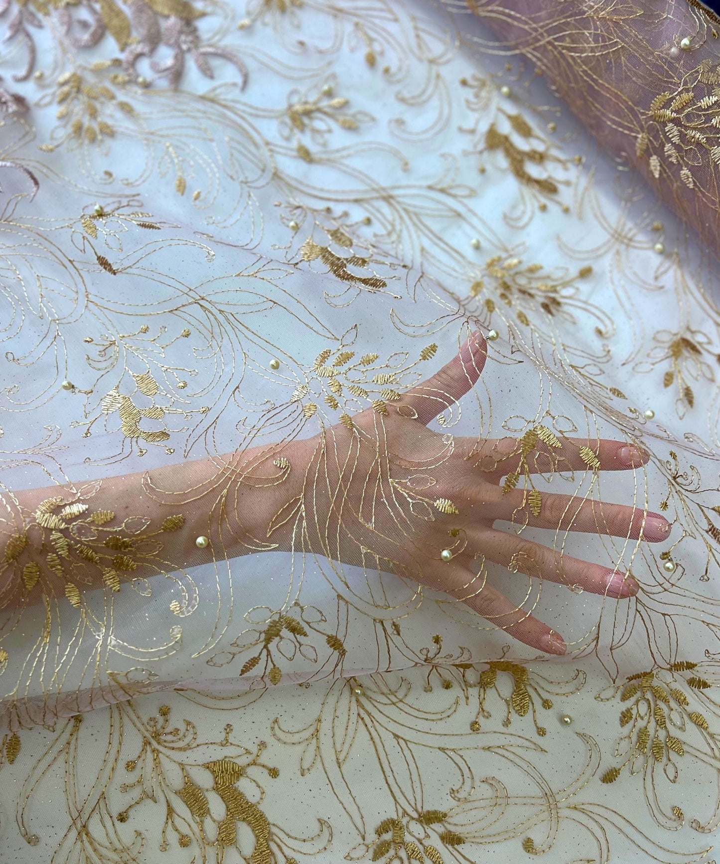 Dusty Rose Gold Embroidered Lace with Pearls