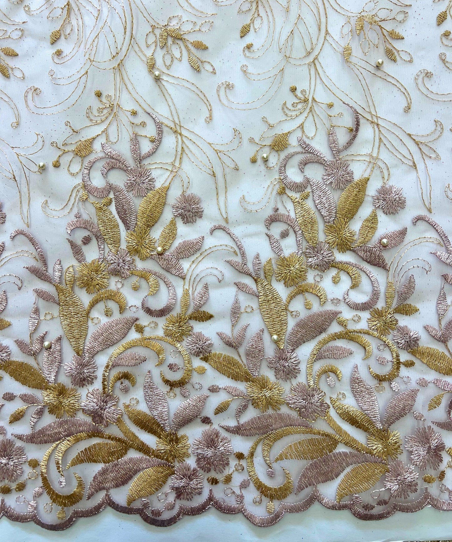 Dusty Rose Gold Embroidered Lace with Pearls