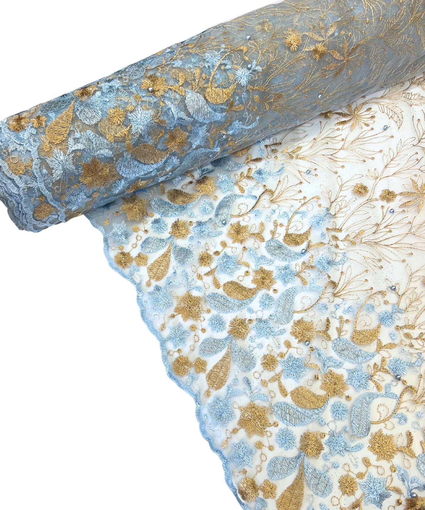 Blue/Gold Embroidered Lace with Pearls