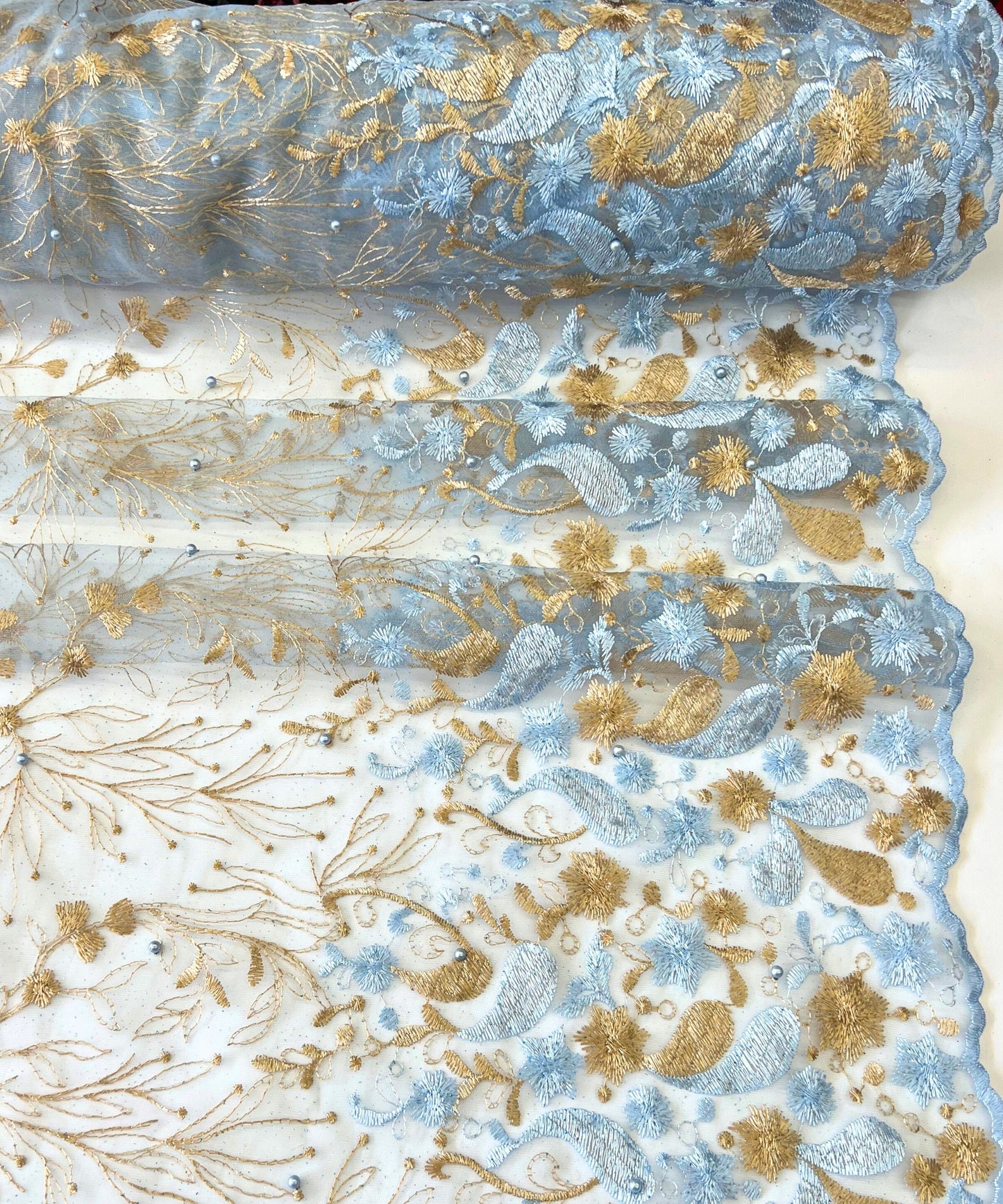Blue/Gold Embroidered Lace with Pearls