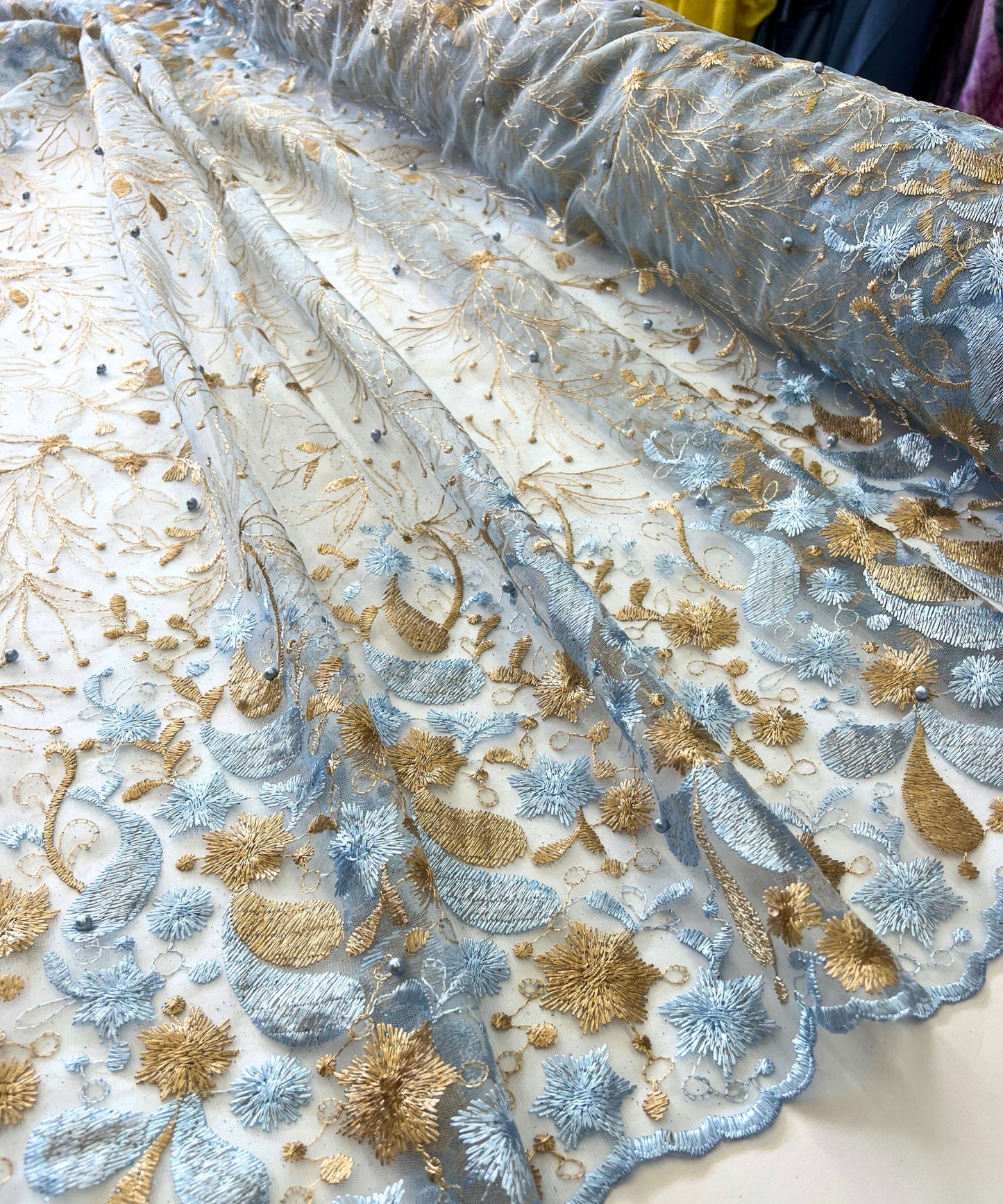 Blue/Gold Embroidered Lace with Pearls