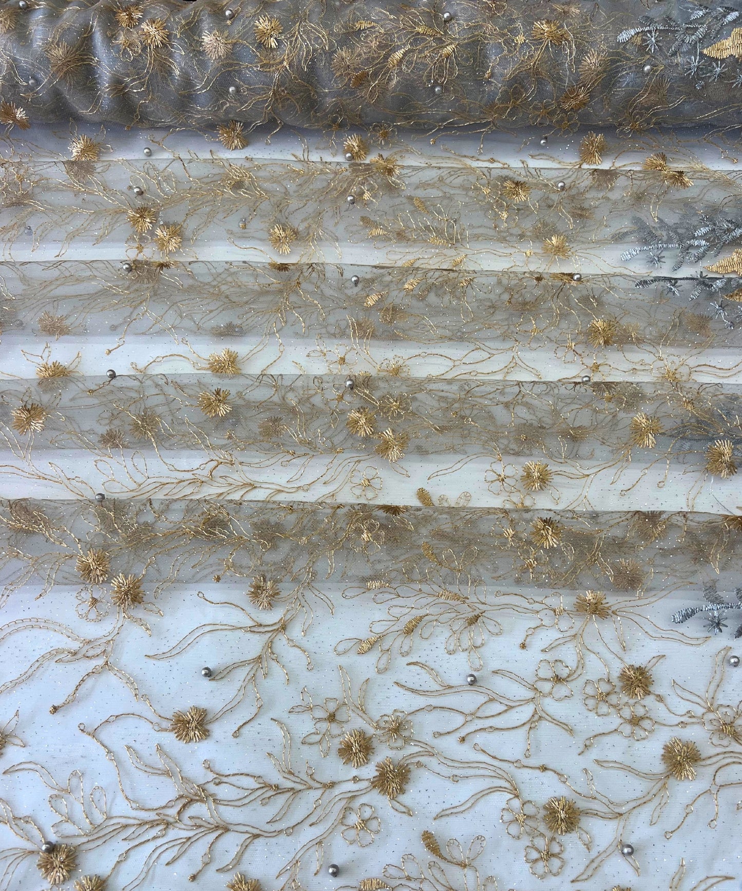 Gold Silver Embroidered Lace with Pearls