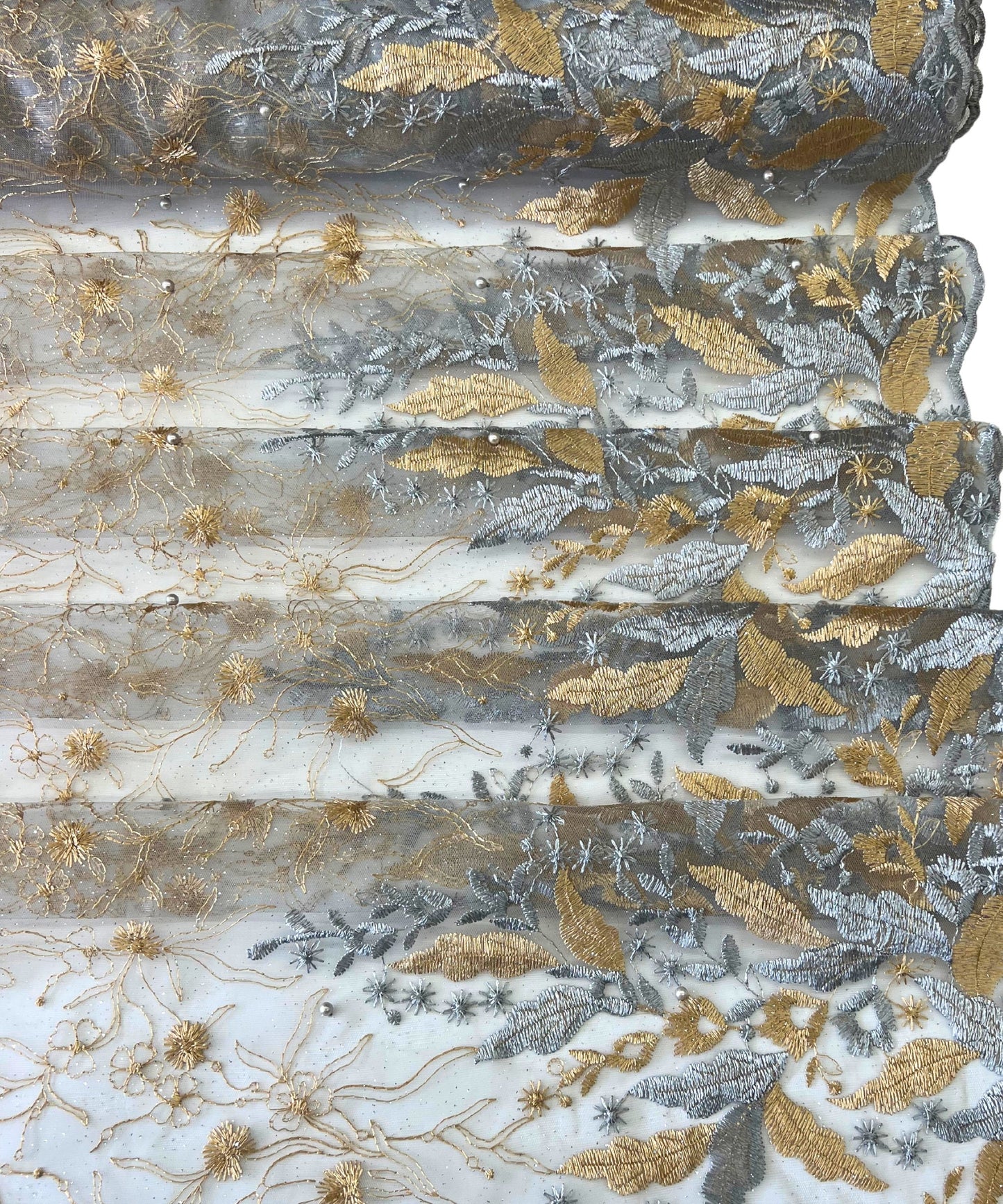 Gold Silver Embroidered Lace with Pearls