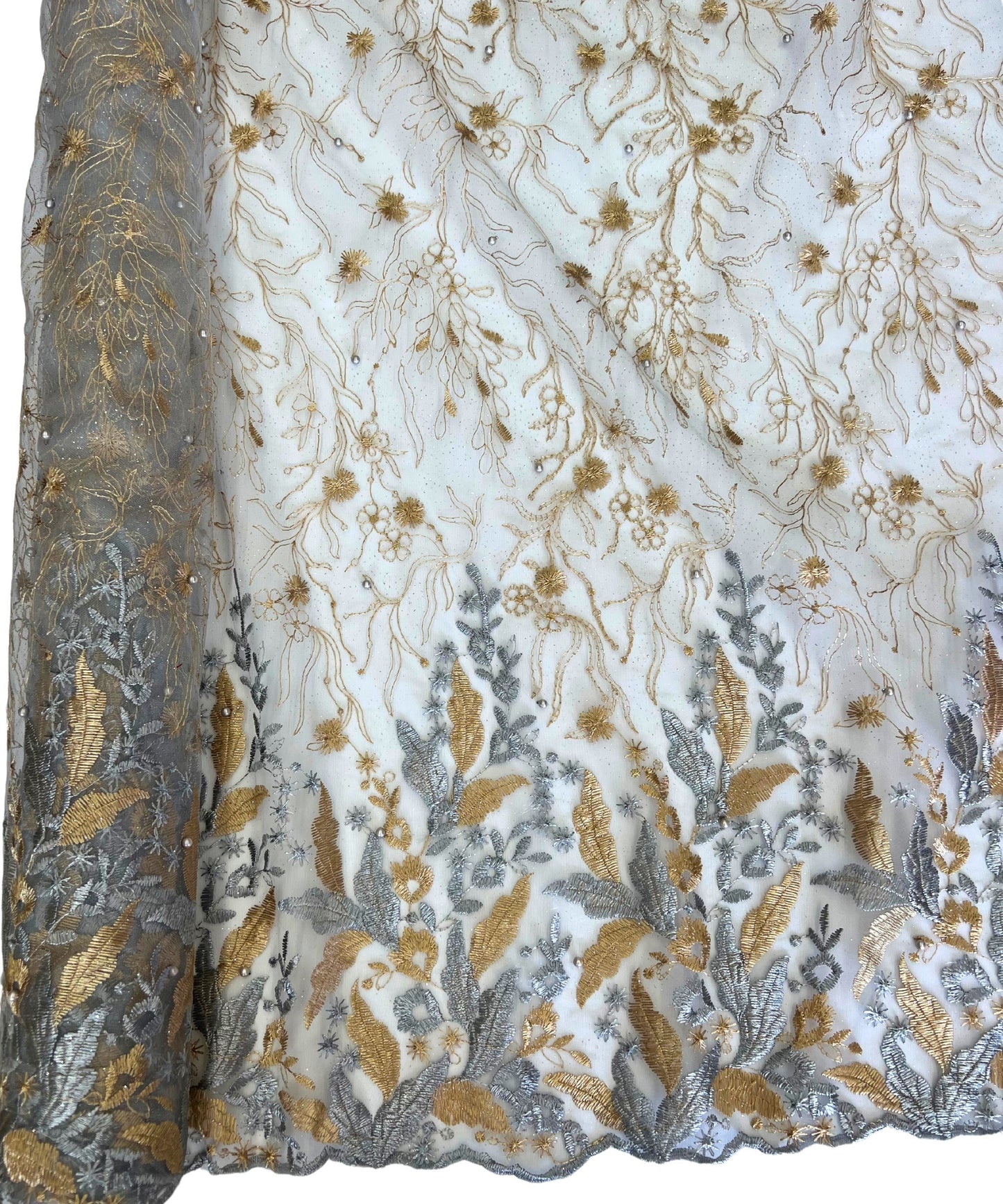 Gold Silver Embroidered Lace with Pearls