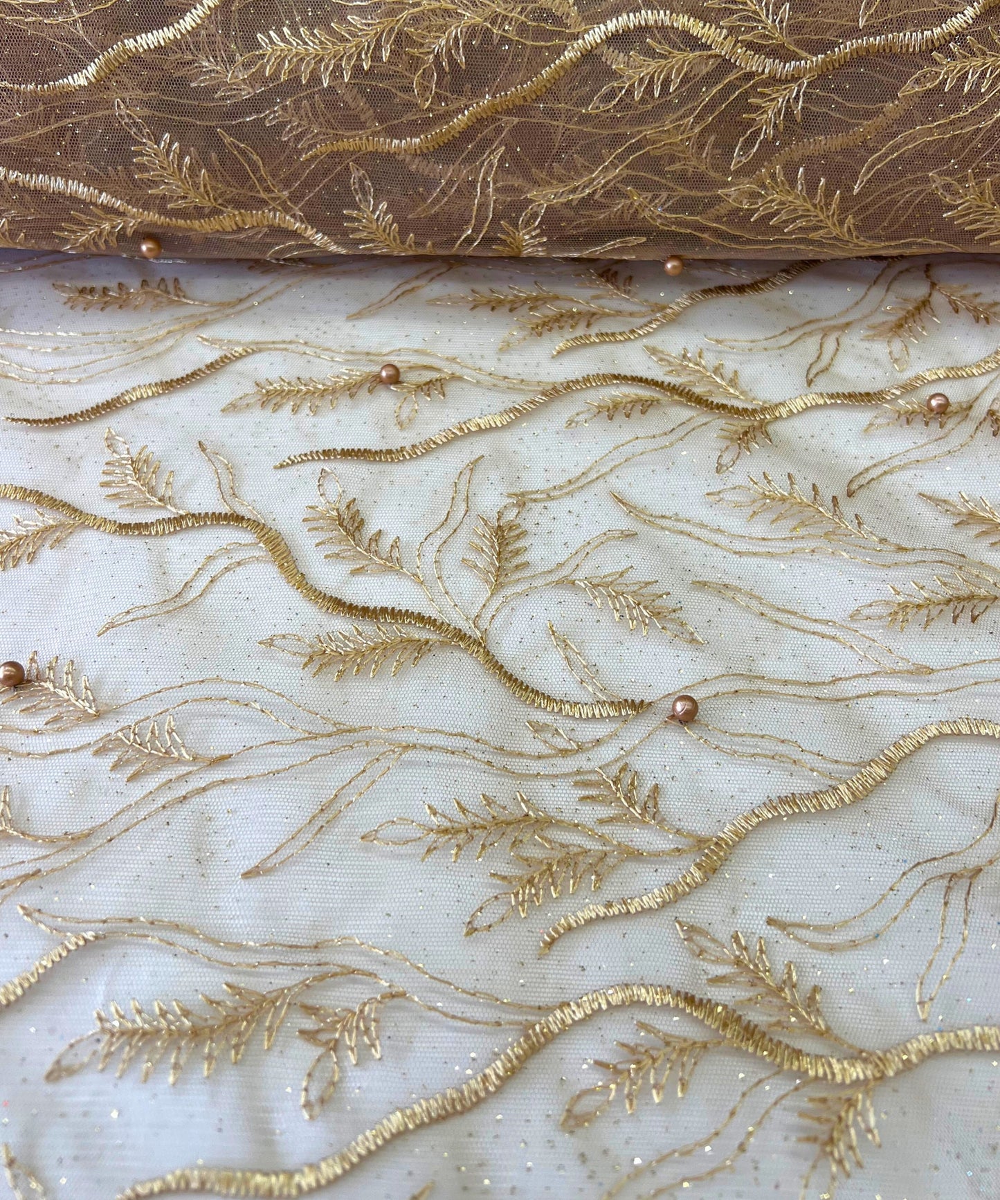 Champagne Embroidered Lace with Pearls
