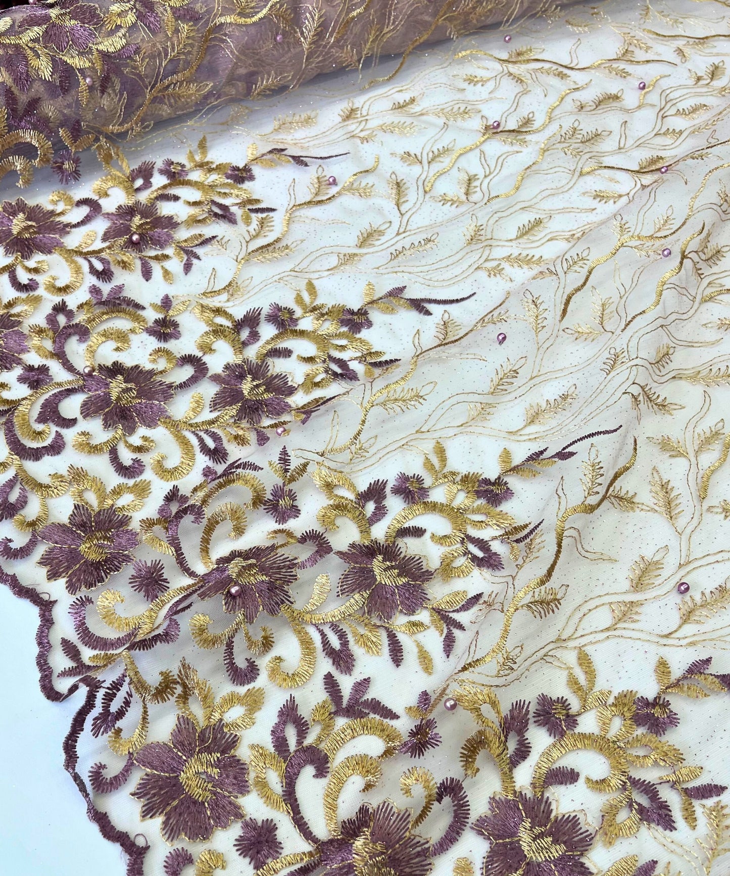 Purple Embroidered Lace with Pearls