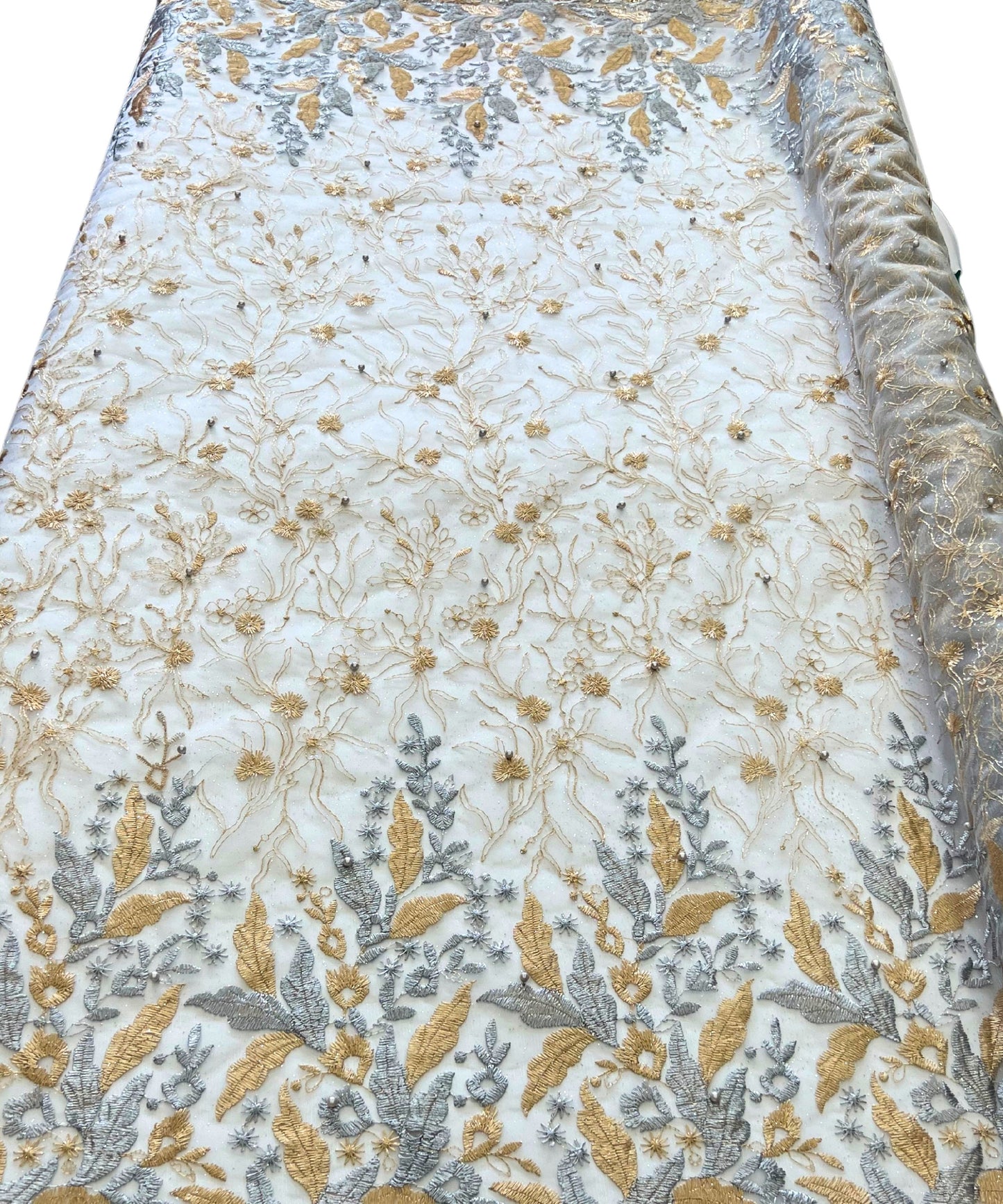 Silver Gold Embroidered Lace with Pearls