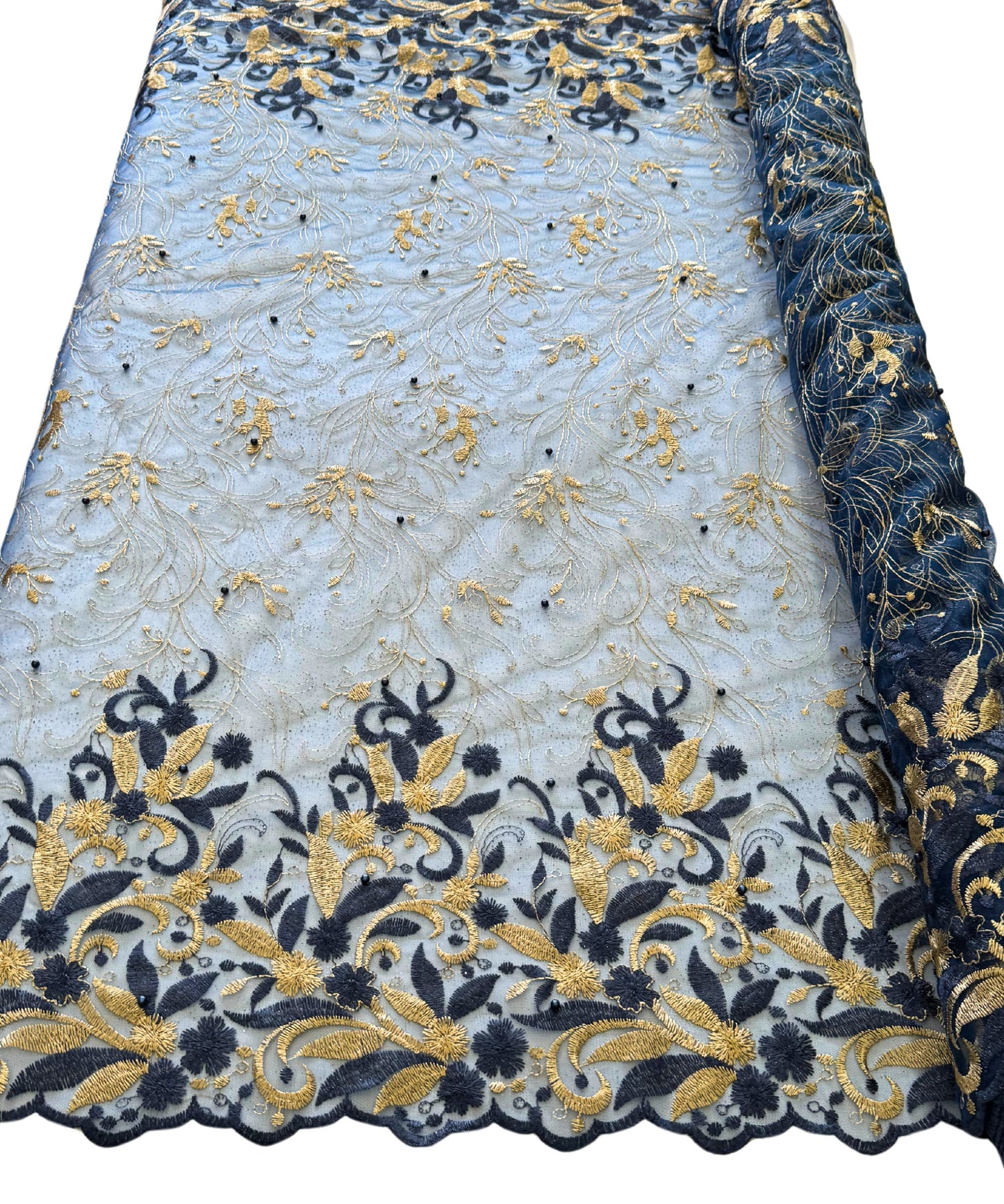 Navy Blue/Gold Embroidered Lace Fabric, Floral Embroidery on Lace Navy Blue Embroidered Lace Fabric Blue/Gold Lace by the Yard, African Lace