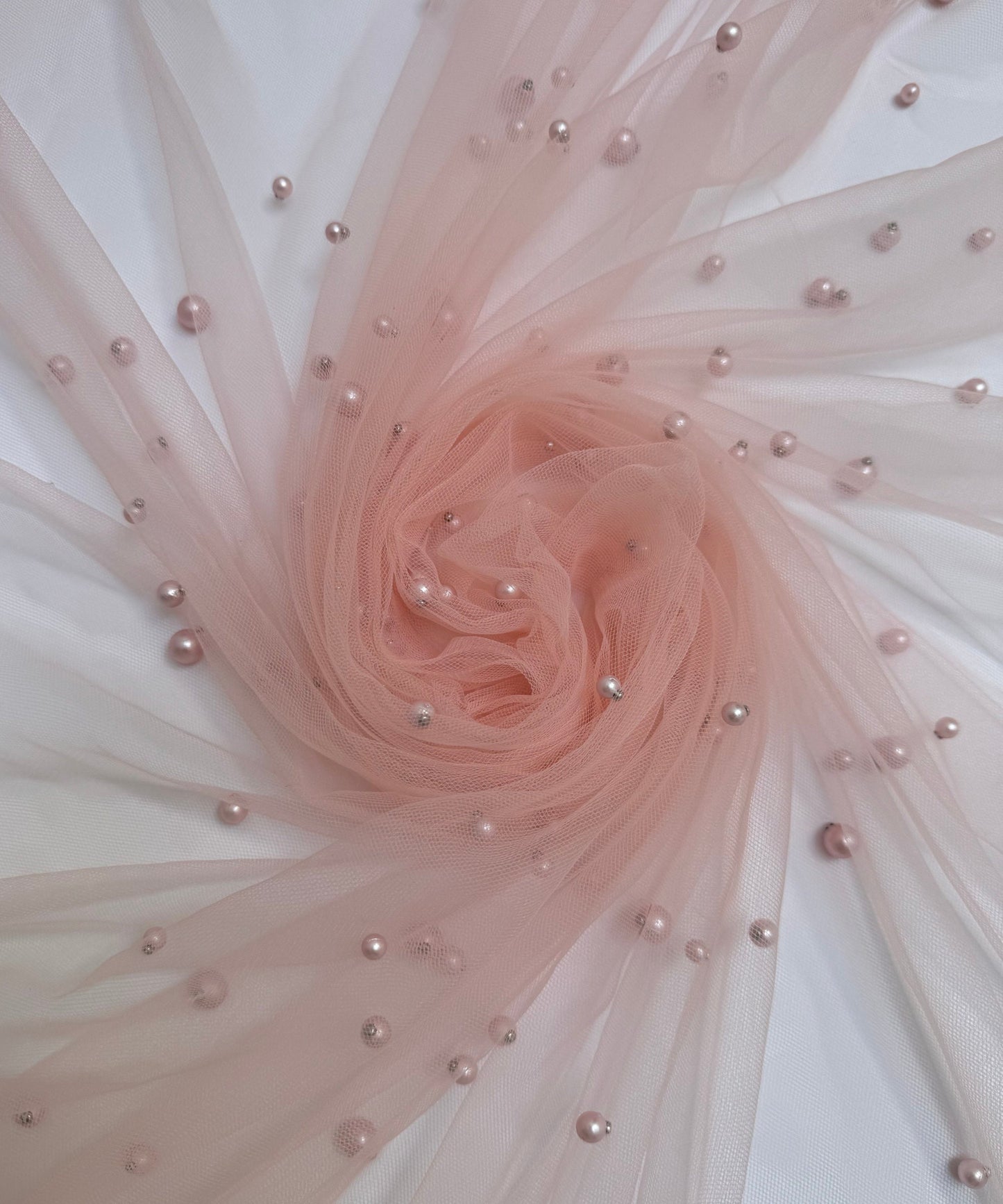 Blush Pearl Tulle Fabric, Scattered Pearls Studded Mesh, Pink Tulle Lace Fabric with Pearls, 2-Way Stretch Pearl Beaded Tulle
