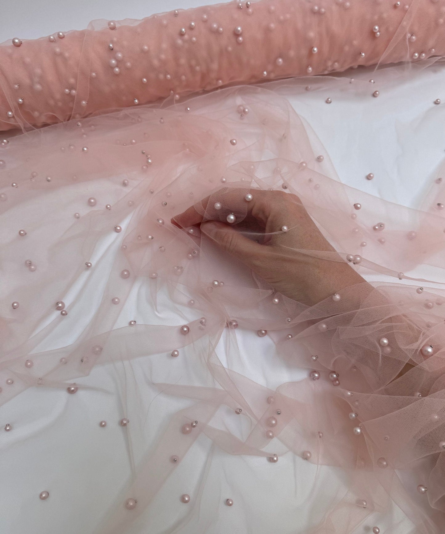 Blush Pearl Tulle Fabric, Scattered Pearls Studded Mesh, Pink Tulle Lace Fabric with Pearls, 2-Way Stretch Pearl Beaded Tulle