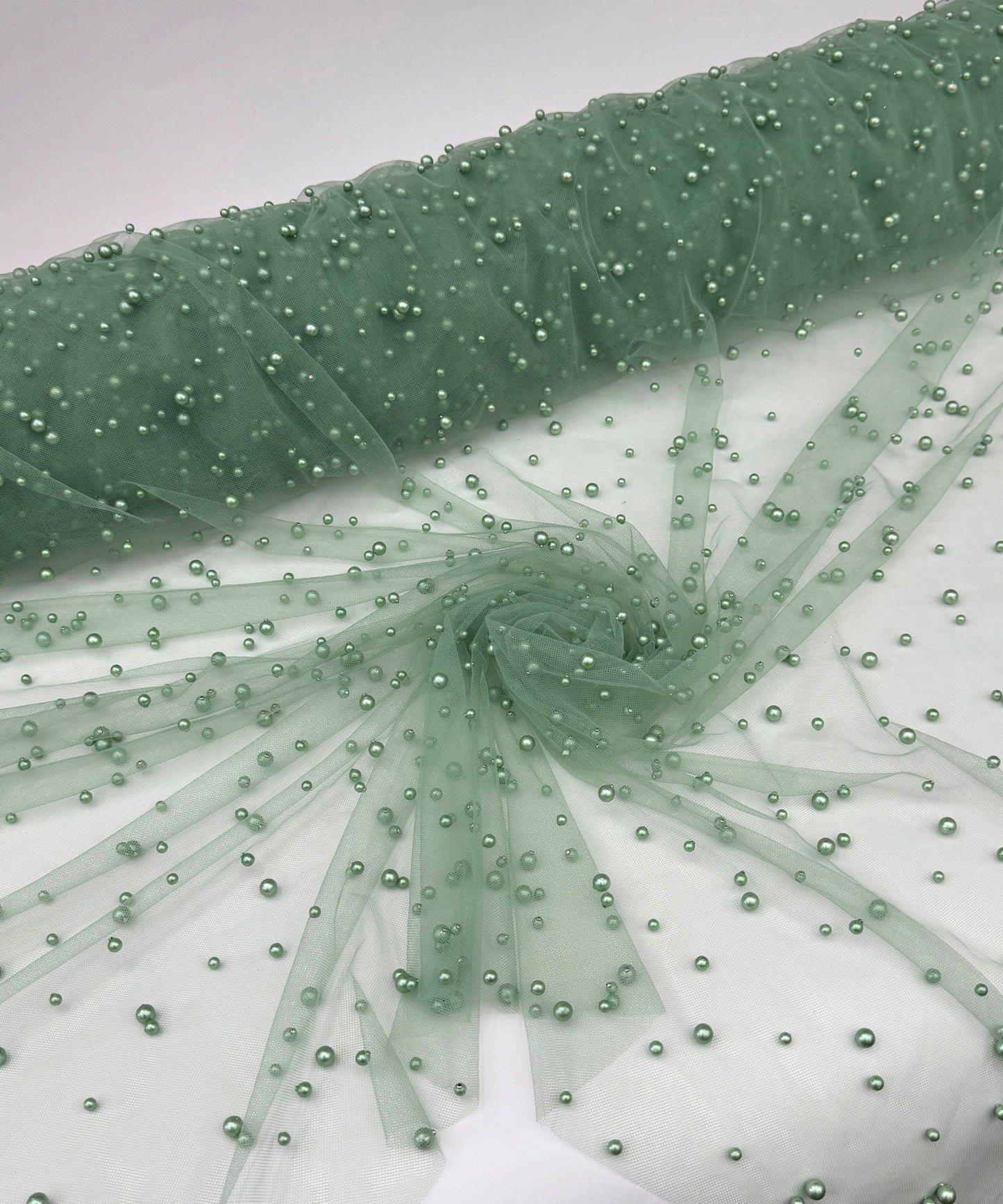 Sage Green Pearl Tulle Fabric, Scattered Pearls Studded Mesh, Pink Tulle Lace Fabric with Pearls, 2-Way Stretch Pearl Beaded Tulle