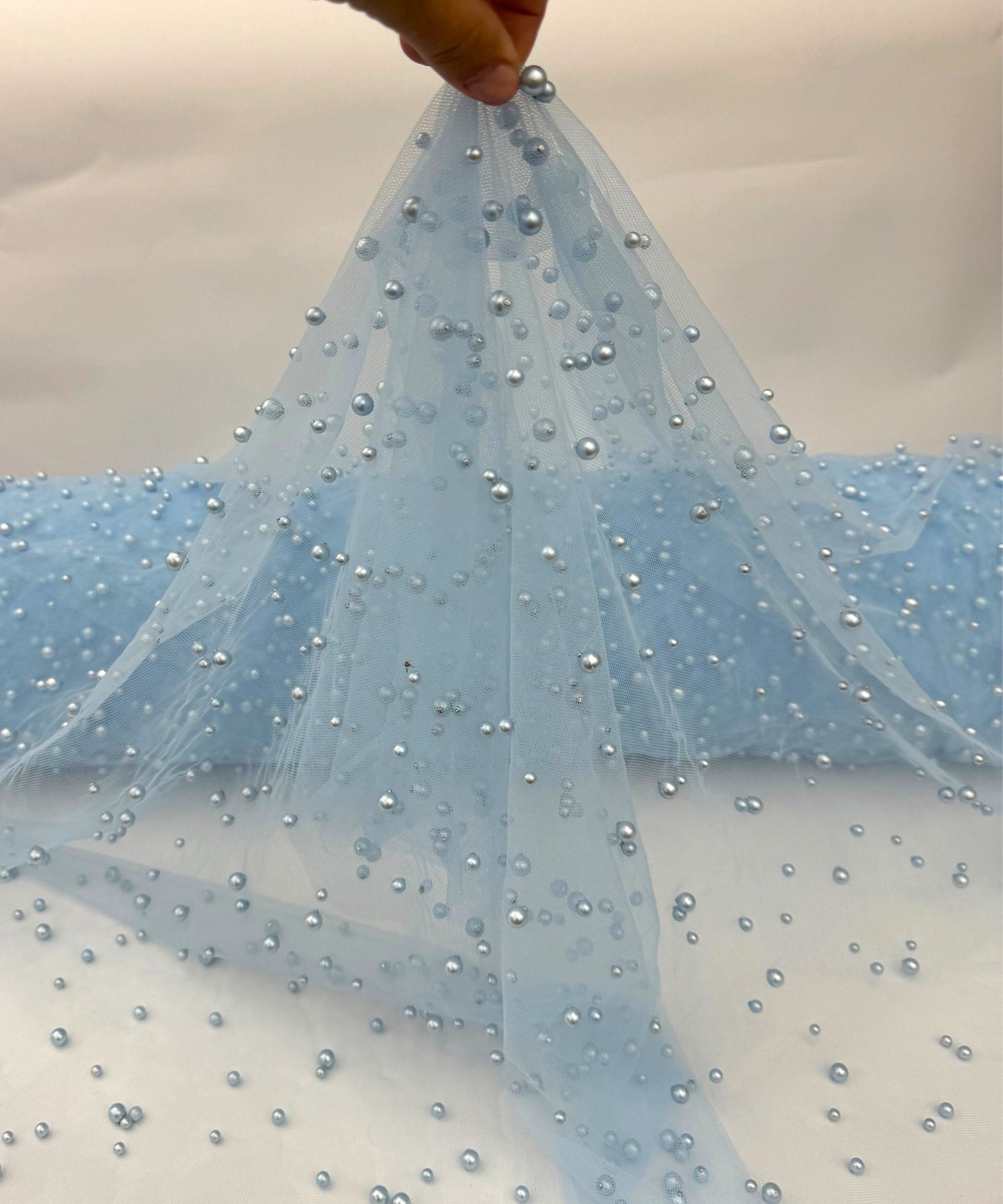 Baby Blue Pearl Tulle Fabric, Scattered Pearls Studded Mesh, Pink Tulle Lace Fabric with Pearls, 2-Way Stretch Pearl Beaded Tulle