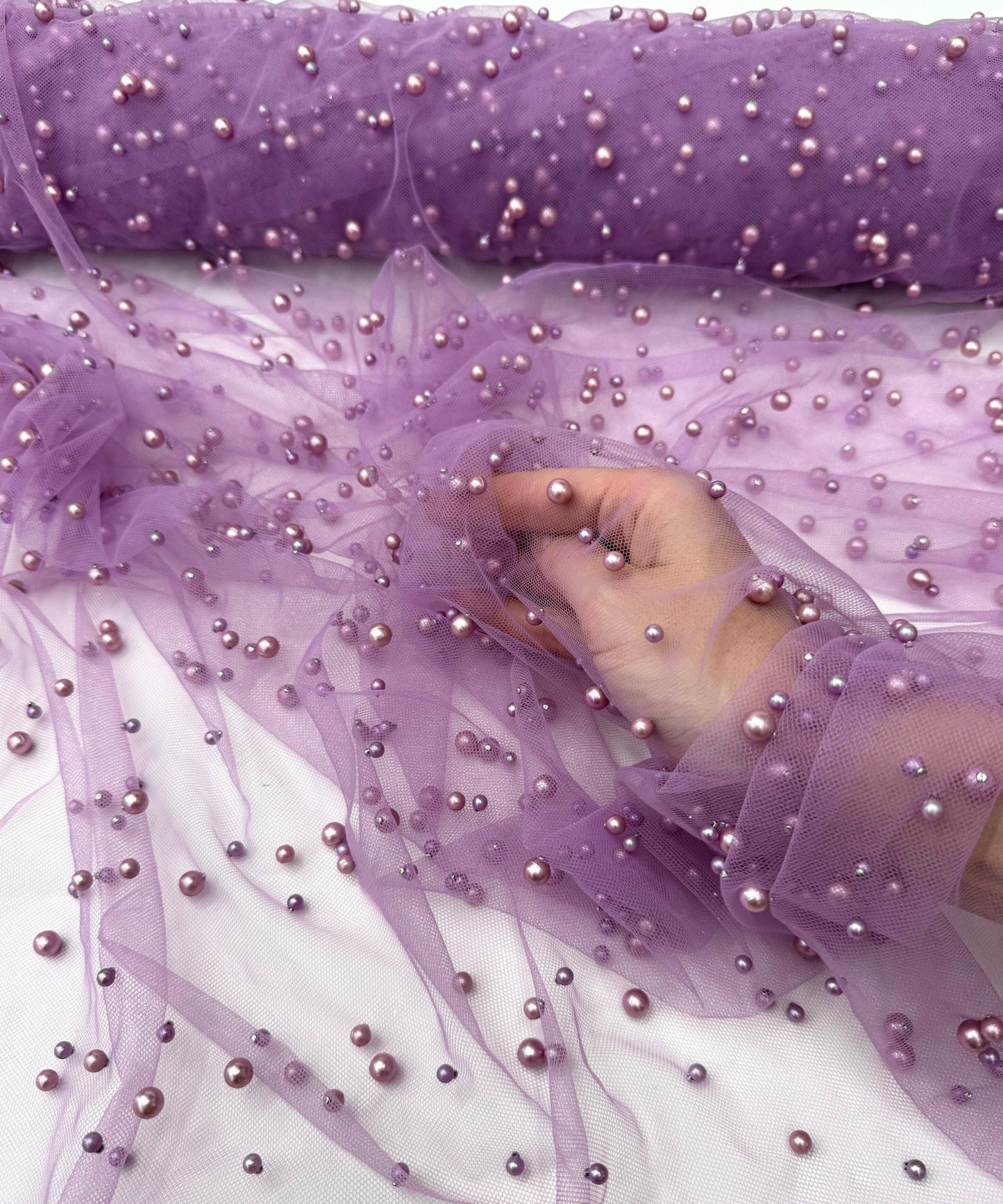 Lavender Pearl Tulle Fabric, Scattered Pearls Studded Mesh, Pink Tulle Lace Fabric with Pearls, 2-Way Stretch Pearl Beaded Tulle