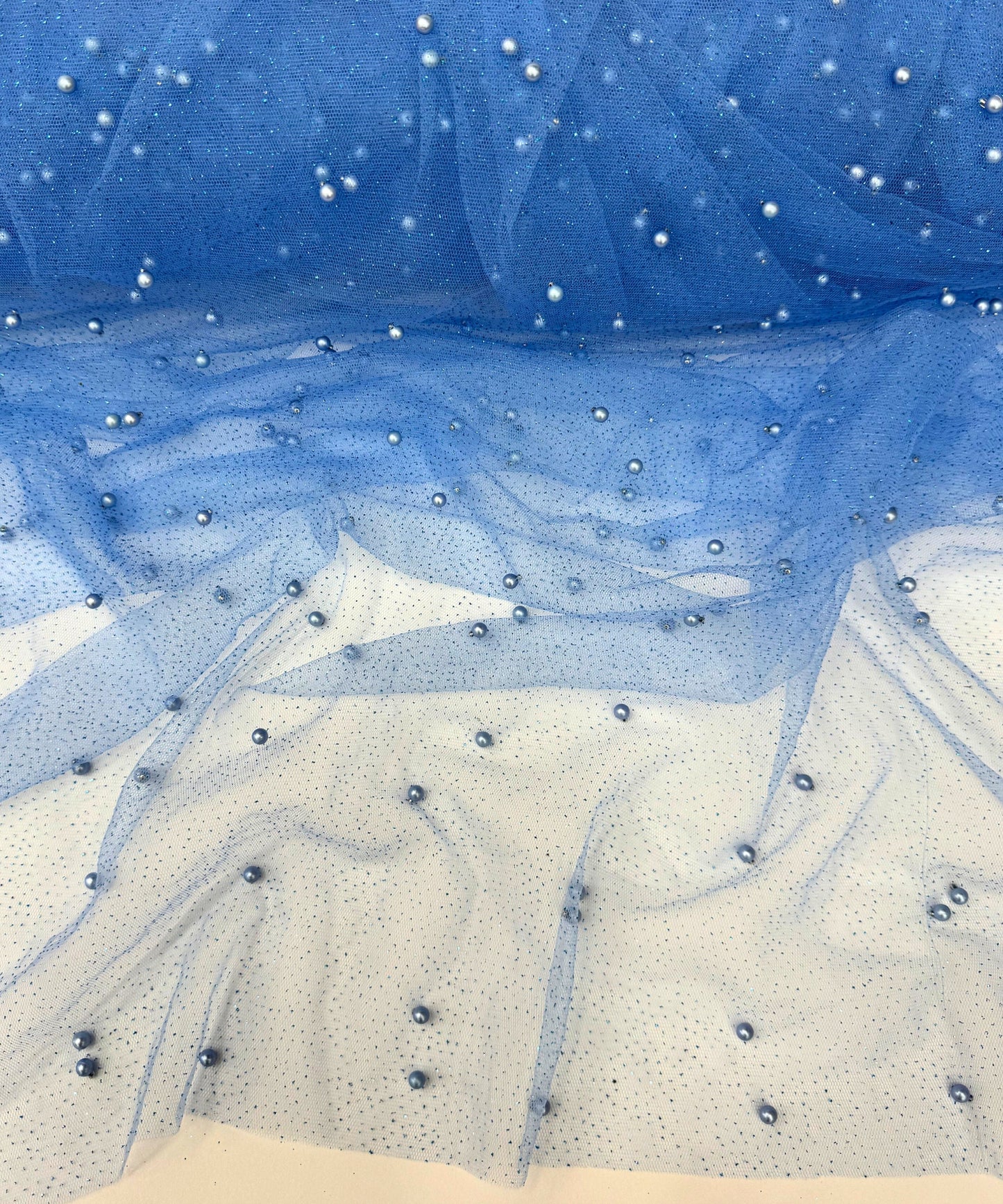 Blue Glitter Pearl Tulle Fabric, Glitter Tulle Lace Fabric with Pearls for Dress Bridal Veil, Scattered Pearls Studded Mesh