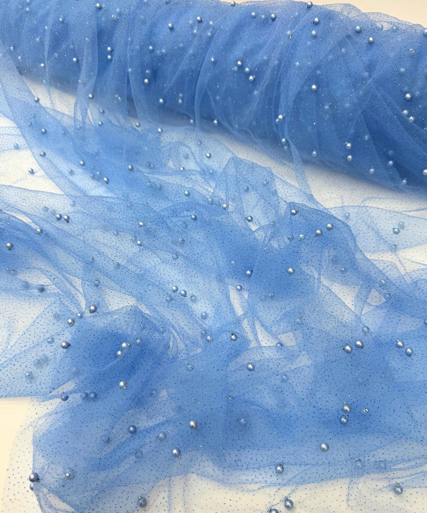 Blue Glitter Pearl Tulle Fabric, Glitter Tulle Lace Fabric with Pearls for Dress Bridal Veil, Scattered Pearls Studded Mesh