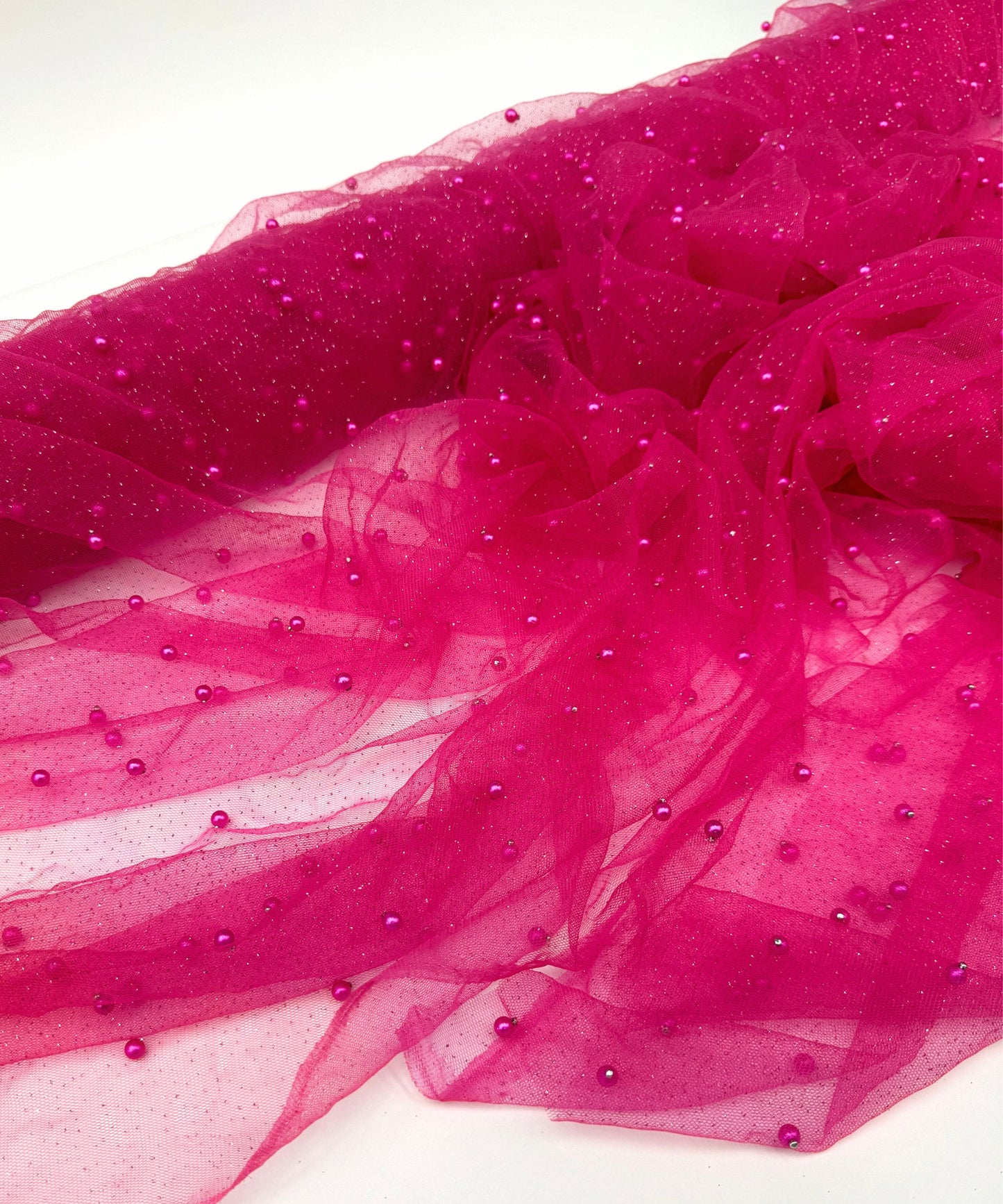 Fuchsia Glitter Pearl Tulle Fabric, Glitter Tulle Lace Fabric with Pearls for Dress Bridal Veil, Scattered Pearls Studded Mesh