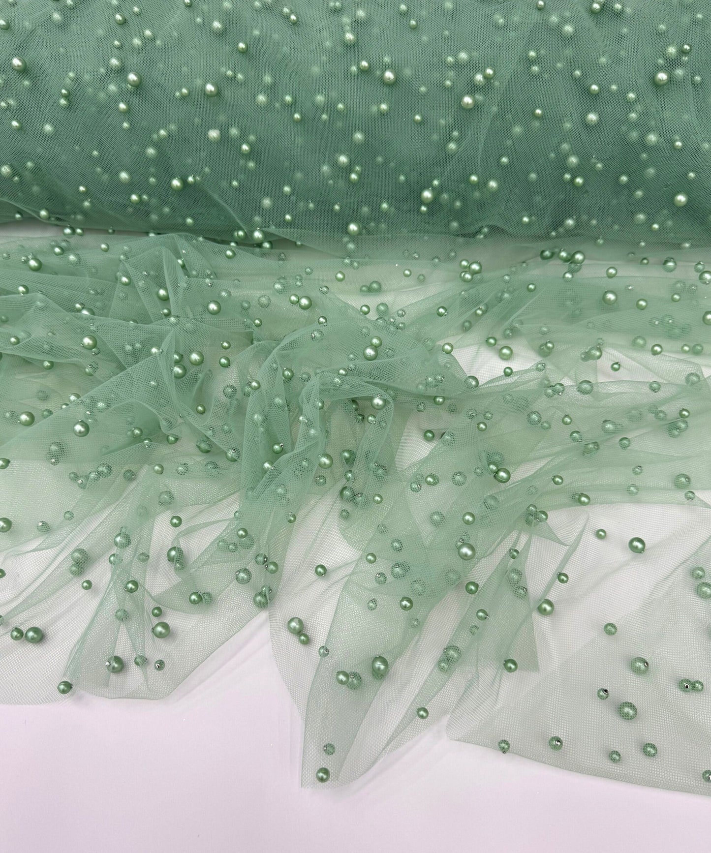 Sage Green Pearl Tulle Fabric, Scattered Pearls Studded Mesh, Pink Tulle Lace Fabric with Pearls, 2-Way Stretch Pearl Beaded Tulle