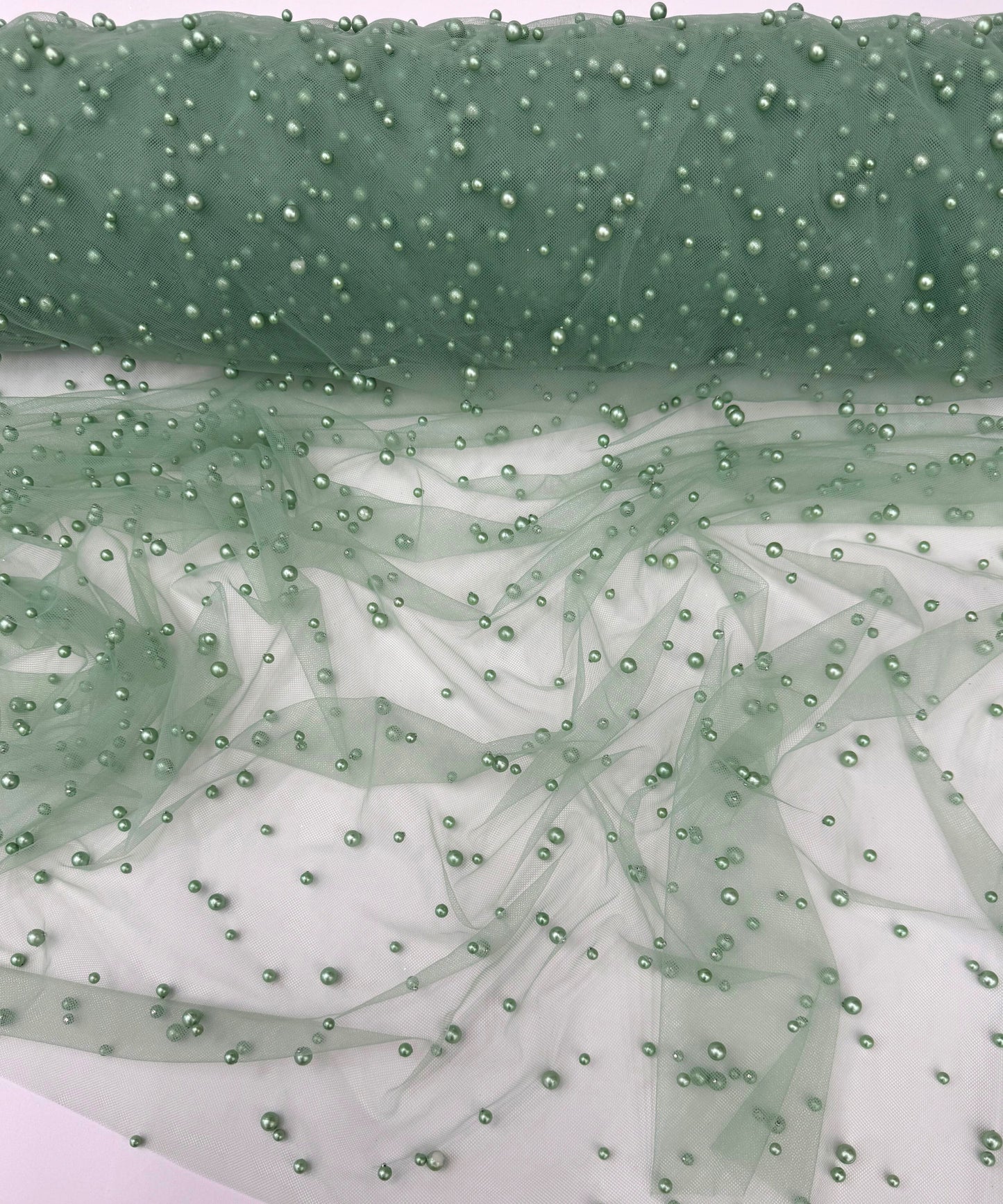 Sage Green Pearl Tulle Fabric, Scattered Pearls Studded Mesh, Pink Tulle Lace Fabric with Pearls, 2-Way Stretch Pearl Beaded Tulle