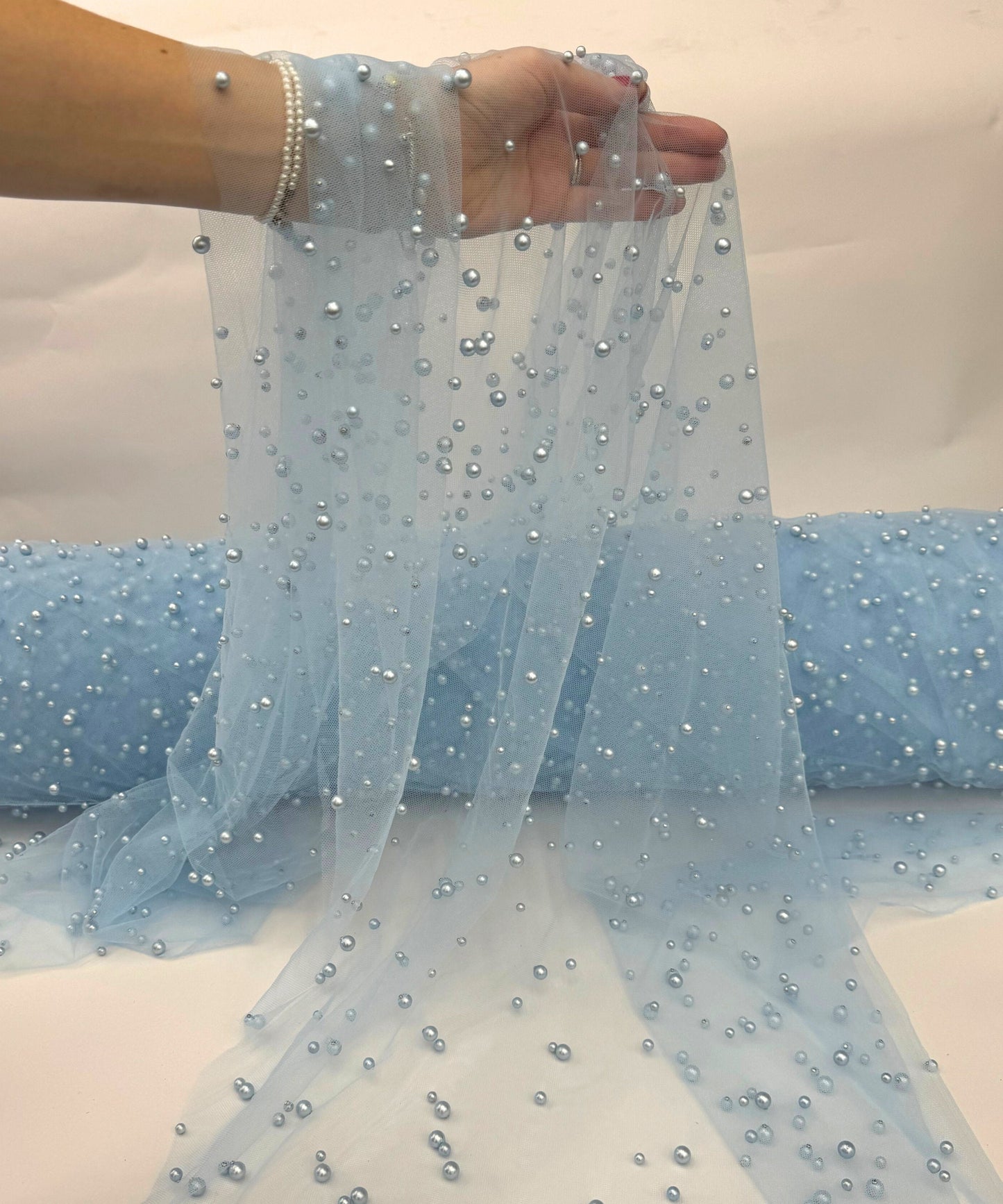 Baby Blue Pearl Tulle Fabric, Scattered Pearls Studded Mesh, Pink Tulle Lace Fabric with Pearls, 2-Way Stretch Pearl Beaded Tulle