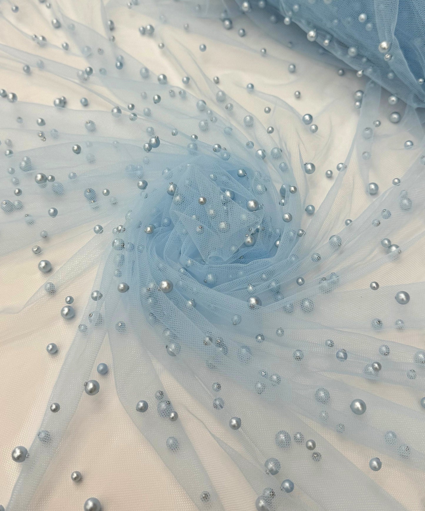 Baby Blue Pearl Tulle Fabric, Scattered Pearls Studded Mesh, Pink Tulle Lace Fabric with Pearls, 2-Way Stretch Pearl Beaded Tulle