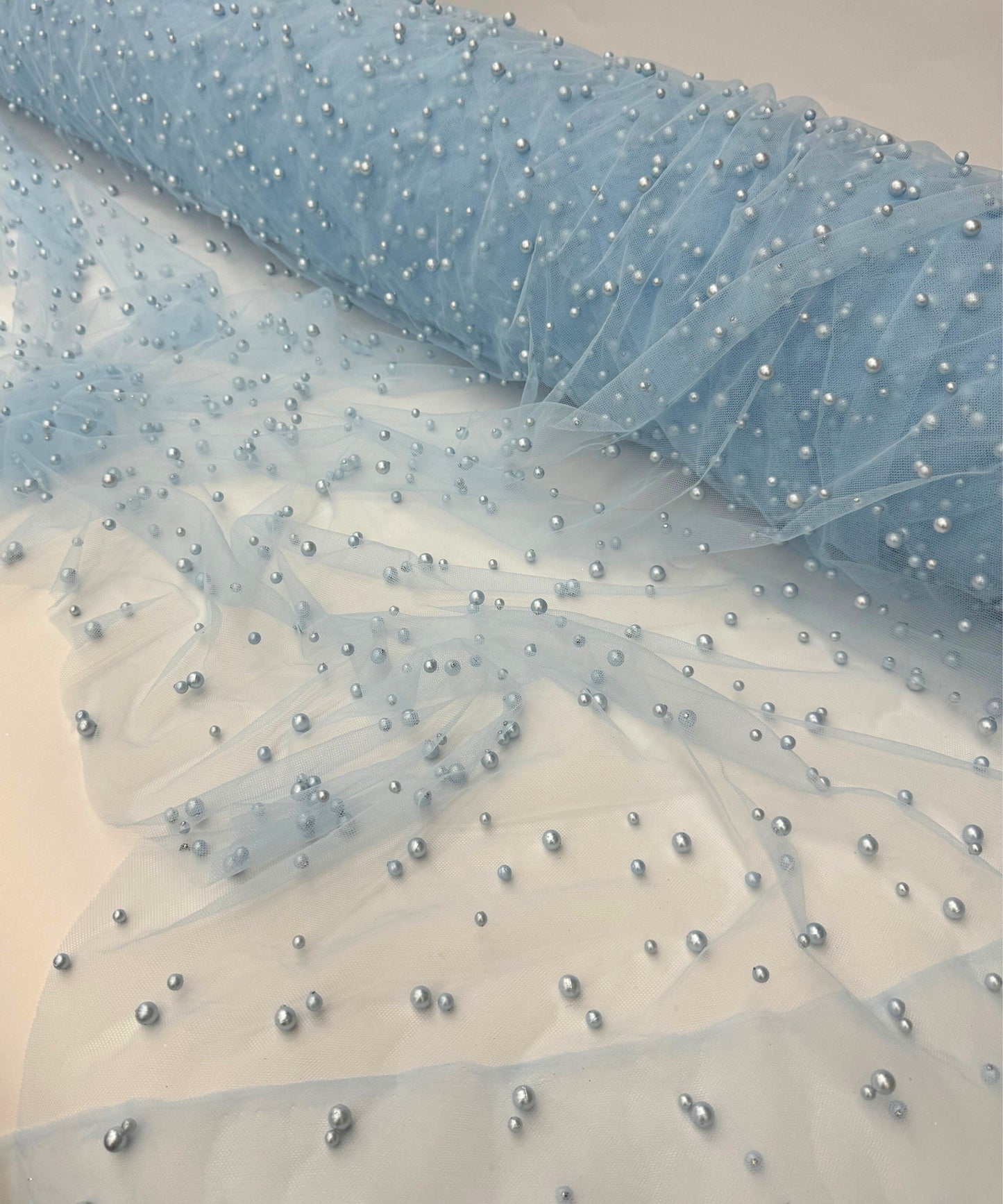 Baby Blue Pearl Tulle Fabric, Scattered Pearls Studded Mesh, Pink Tulle Lace Fabric with Pearls, 2-Way Stretch Pearl Beaded Tulle