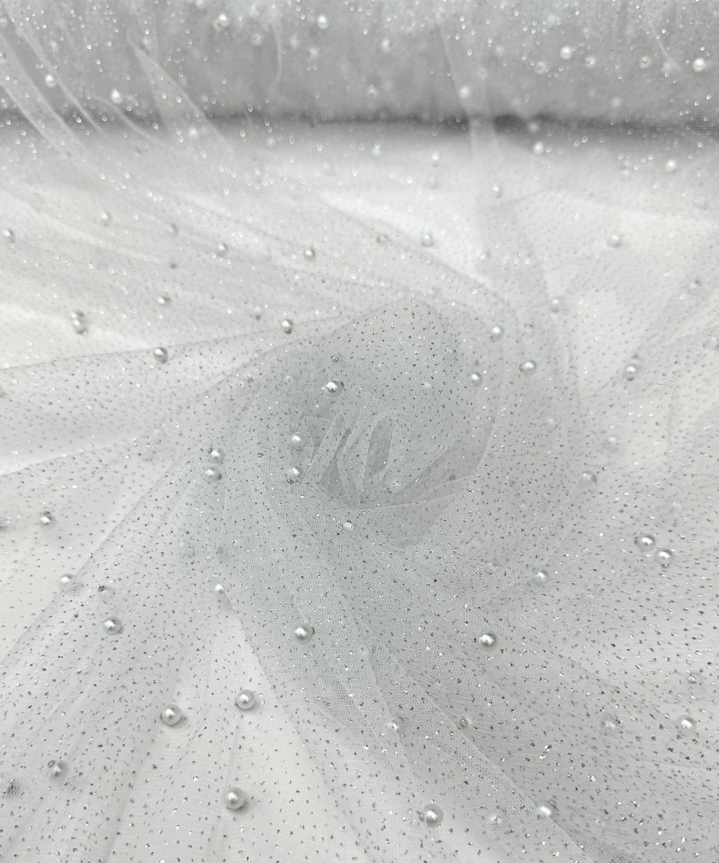Off White Glitter Pearl Tulle Fabric, Glitter Tulle Lace Fabric with Pearls for Dress Bridal Veil, Scattered Pearls Studded Mesh